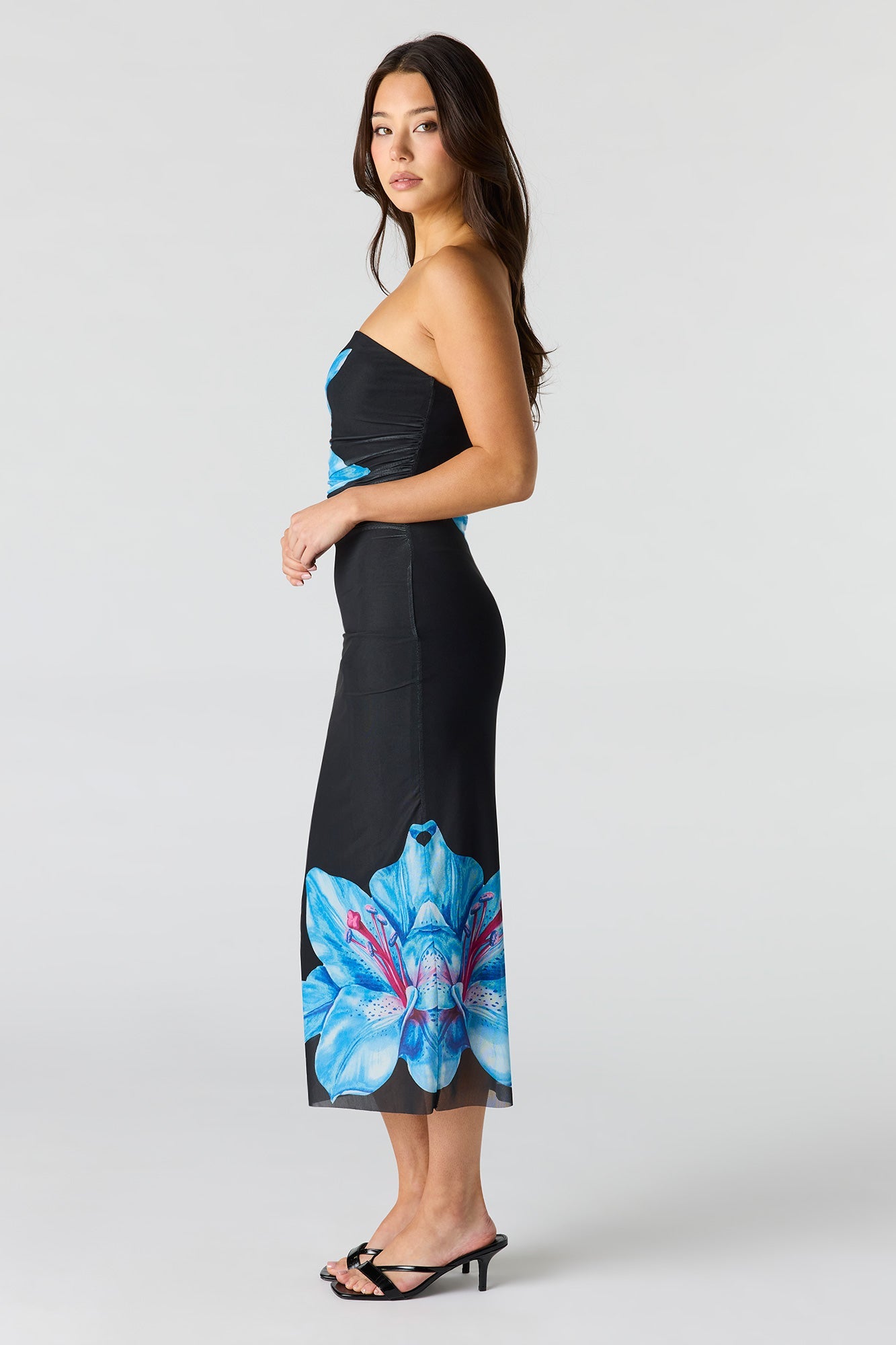Floral Printed Ruched Mesh Midi Dress