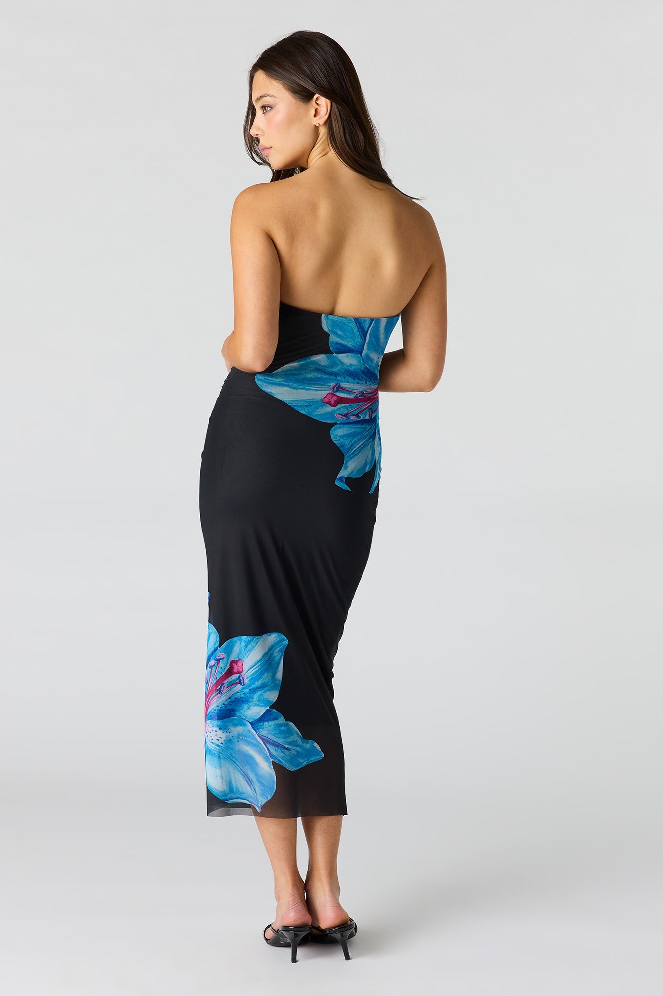 Floral Printed Ruched Mesh Midi Dress