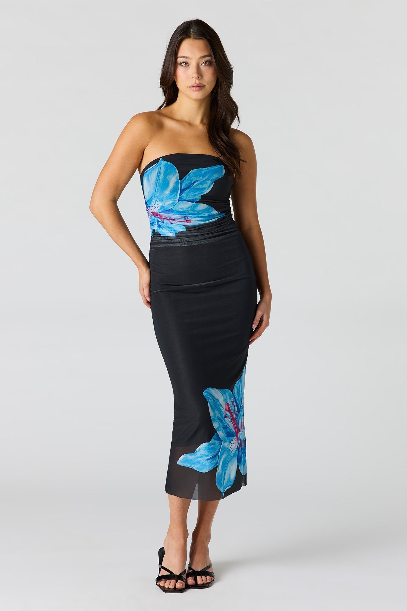 Floral Printed Ruched Mesh Midi Dress