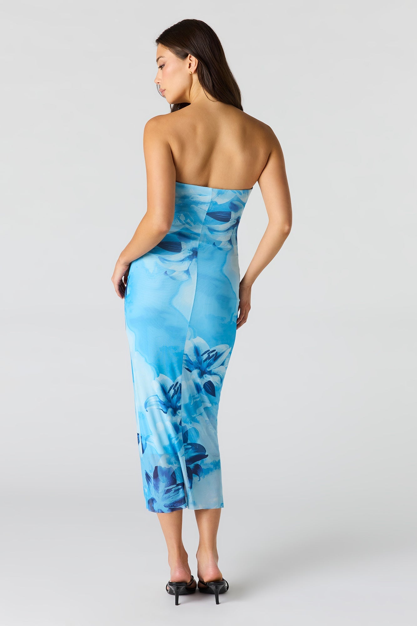 Floral Printed Ruched Mesh Midi Dress