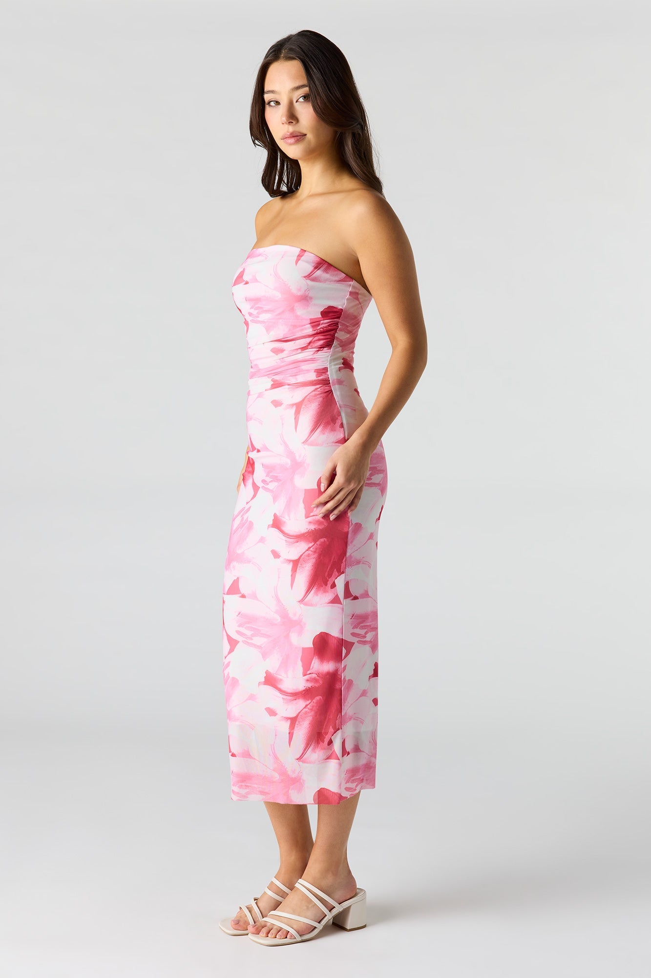 Floral Printed Ruched Mesh Midi Dress