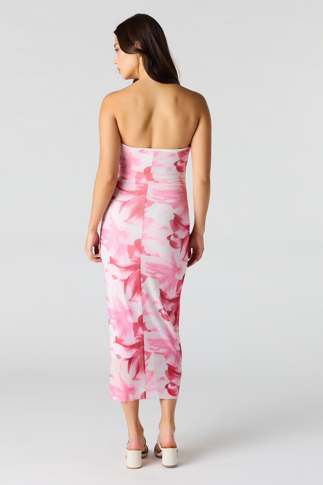 Floral Printed Ruched Mesh Midi Dress