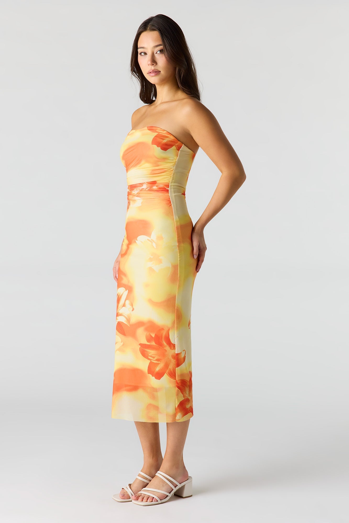 Floral Printed Ruched Mesh Midi Dress