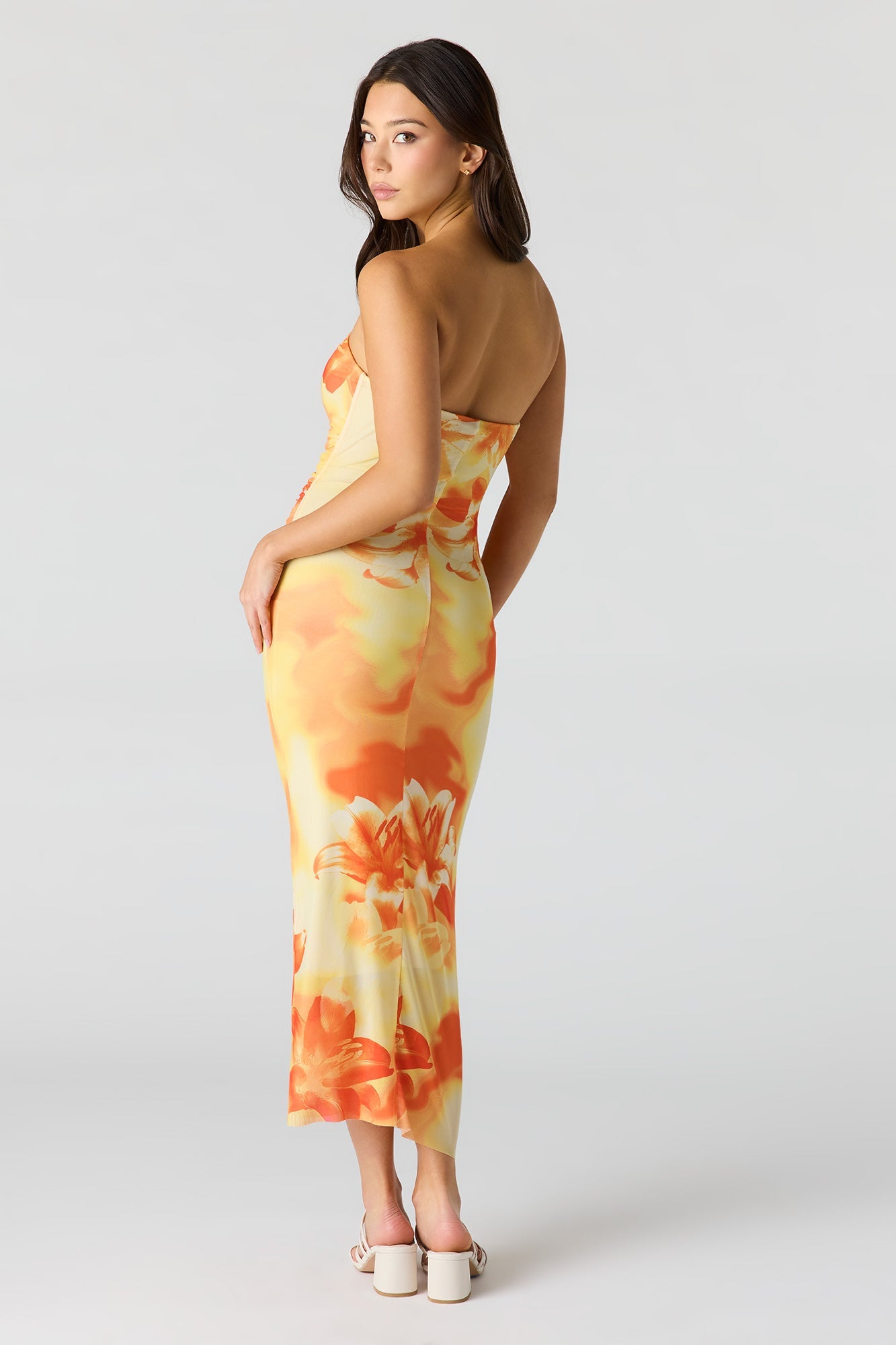 Floral Printed Ruched Mesh Midi Dress