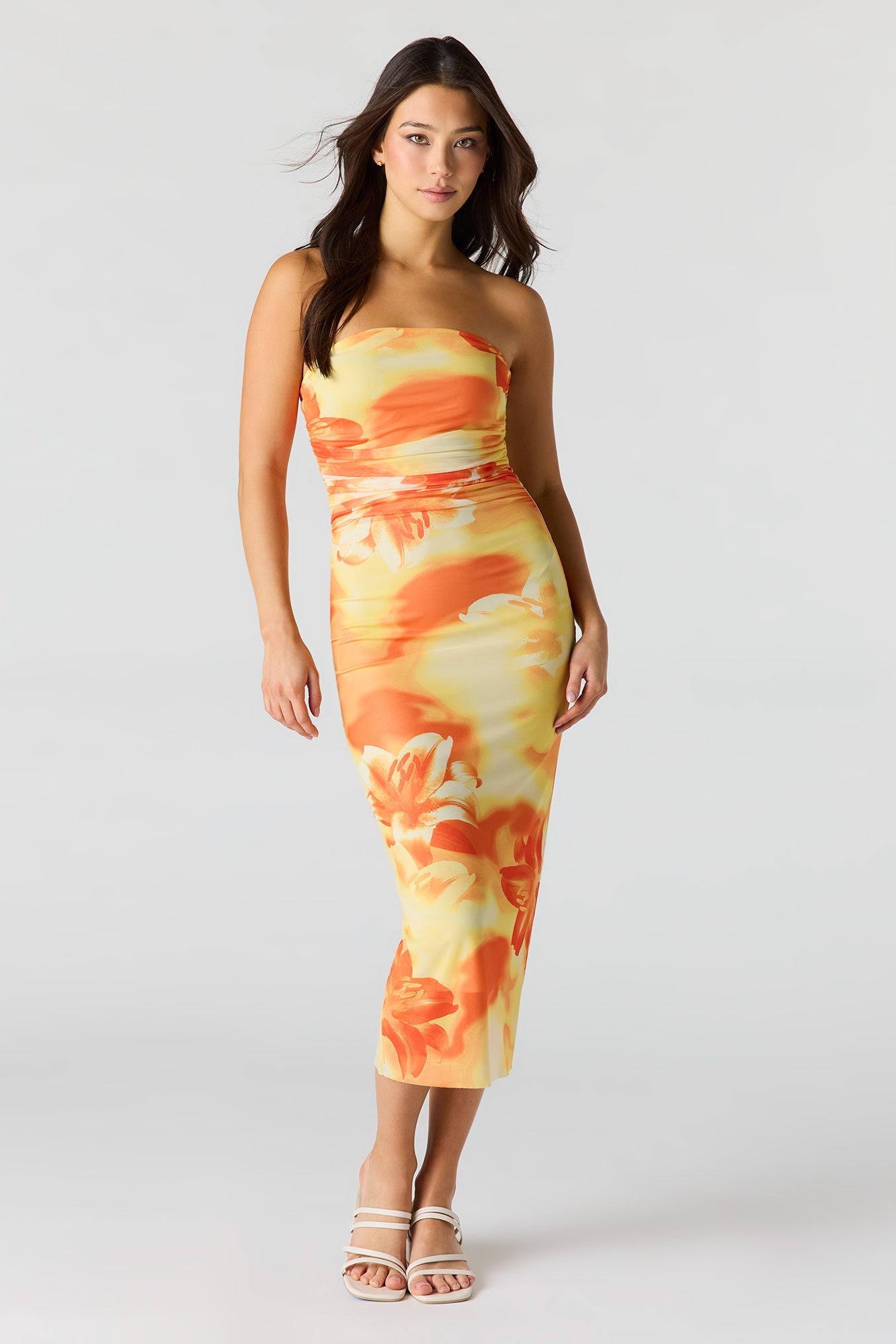 Floral Printed Ruched Mesh Midi Dress