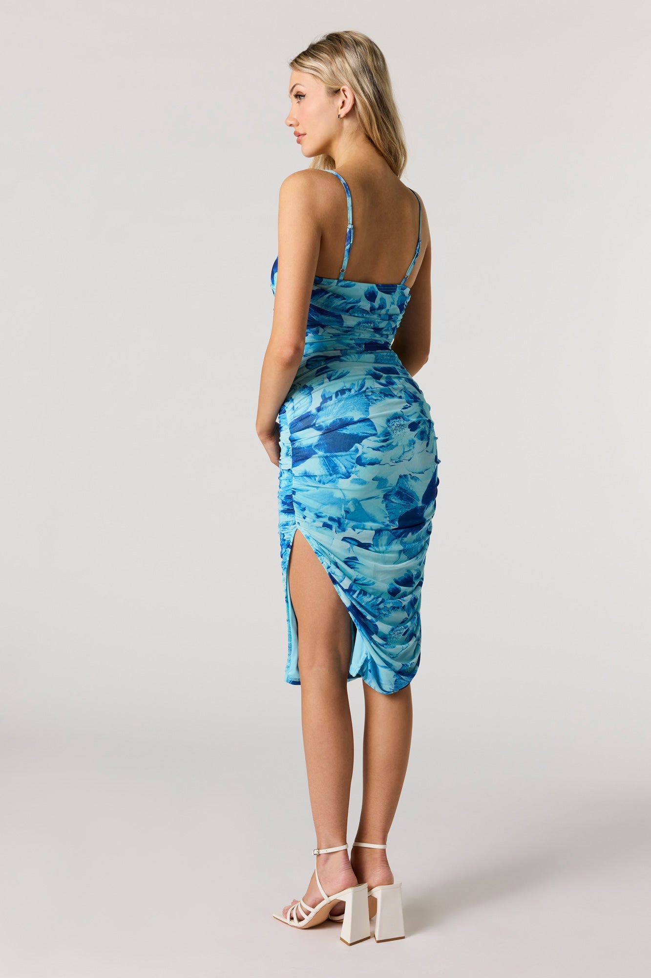 Floral Mesh Ruched Midi Dress