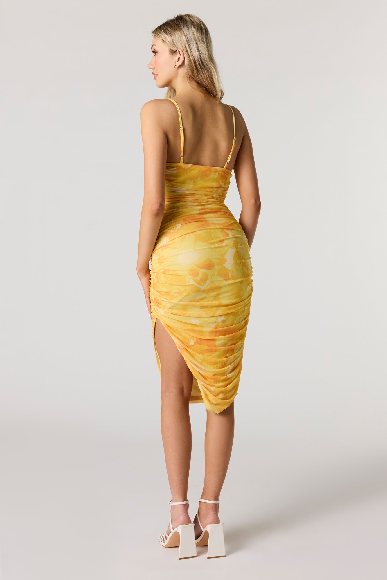 Floral Mesh Ruched Midi Dress