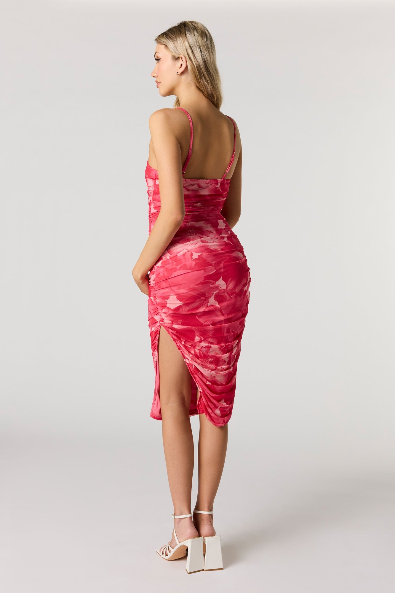 Floral Mesh Ruched Midi Dress