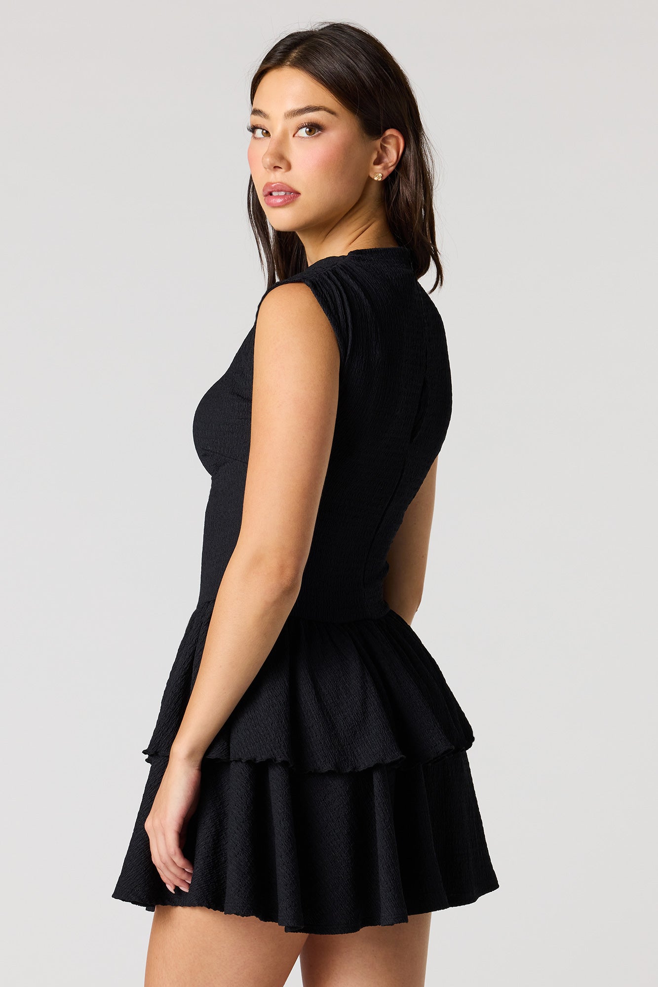 Jacquard Knit Tiered Ruffled Mini Dress