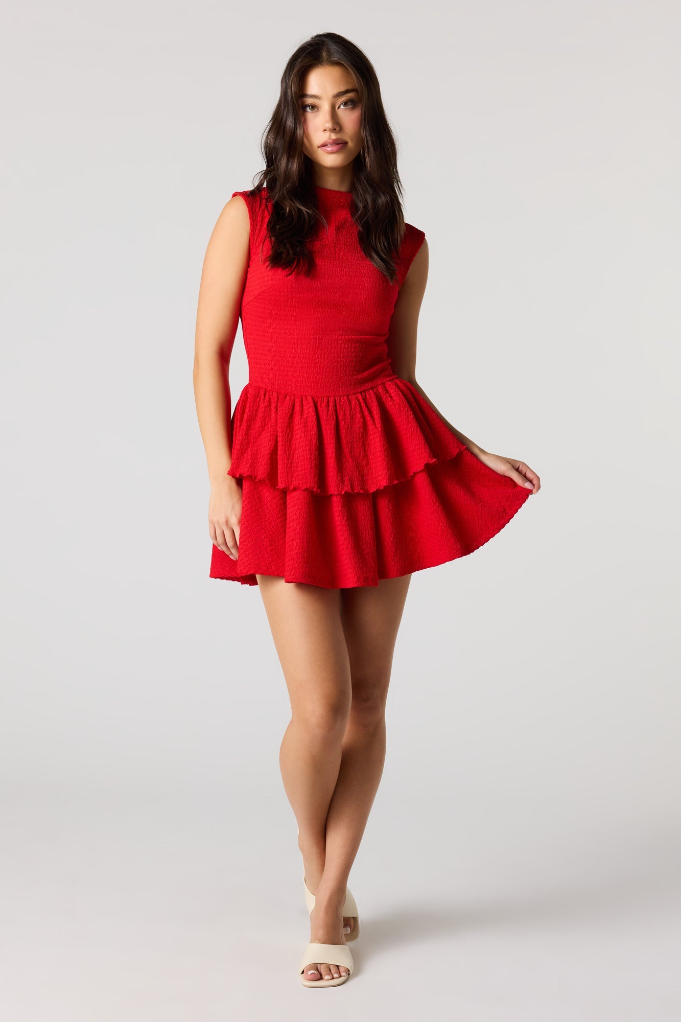 Jacquard Knit Tiered Ruffled Mini Dress