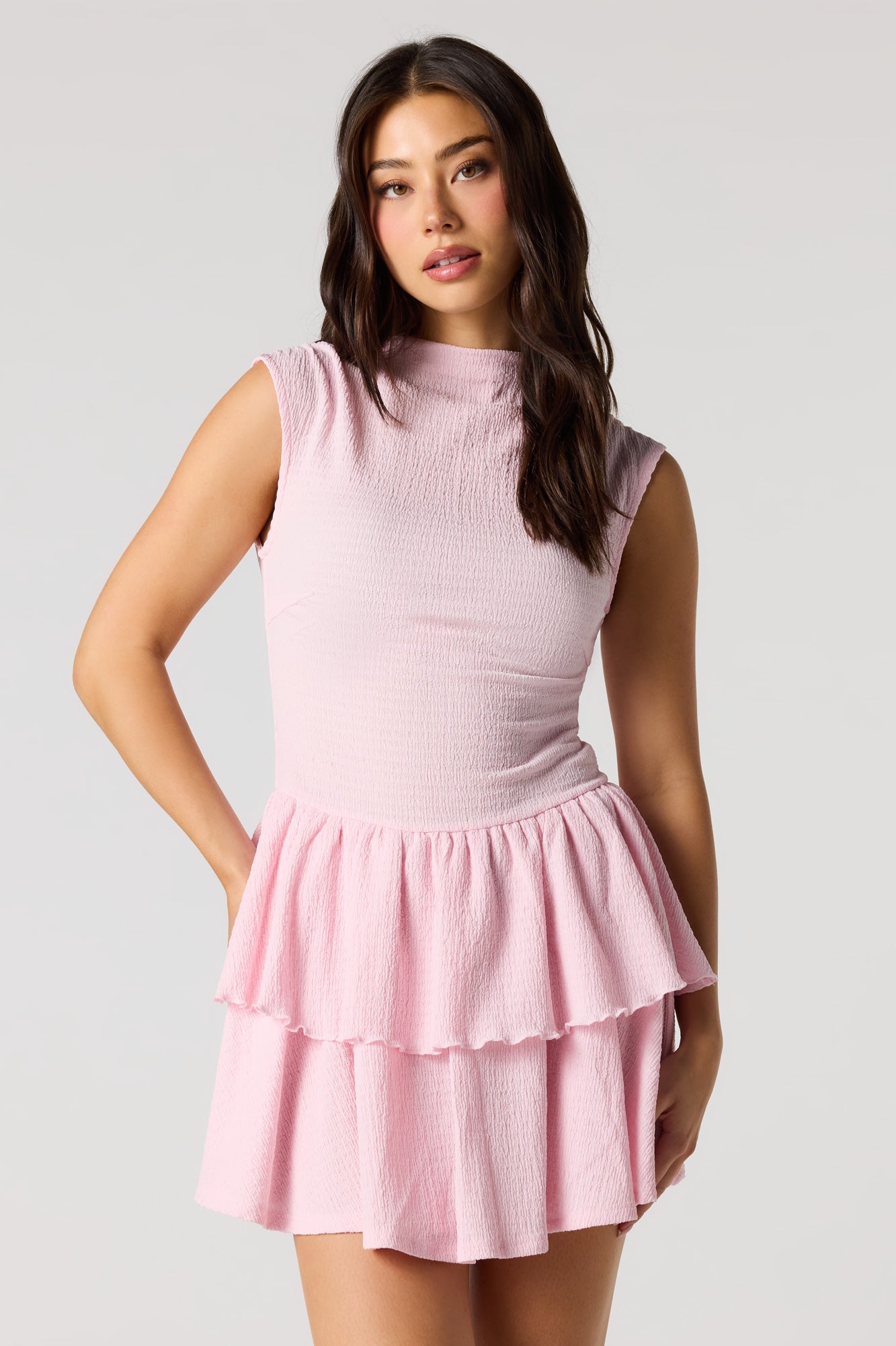Jacquard Knit Tiered Ruffled Mini Dress