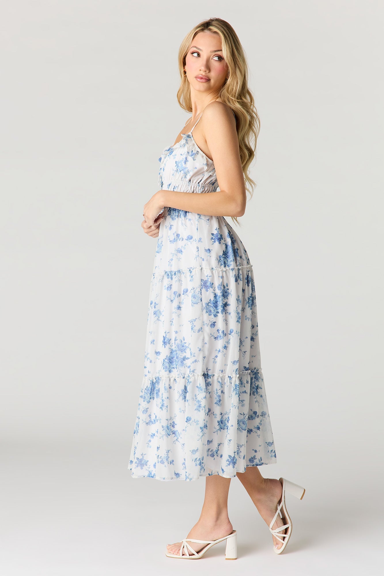 Floral Chiffon Tiered Midi Dress