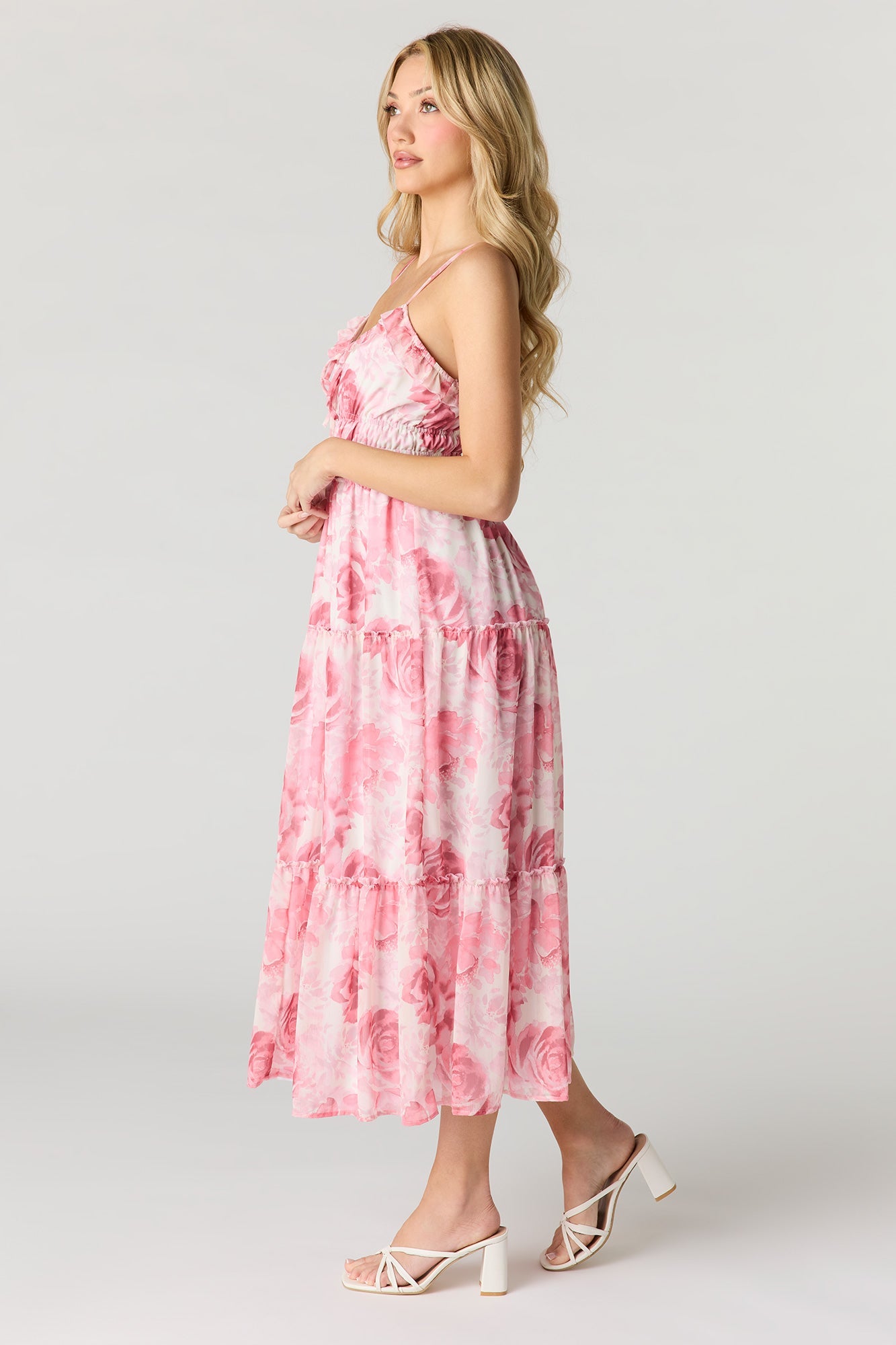 Floral Chiffon Tiered Midi Dress