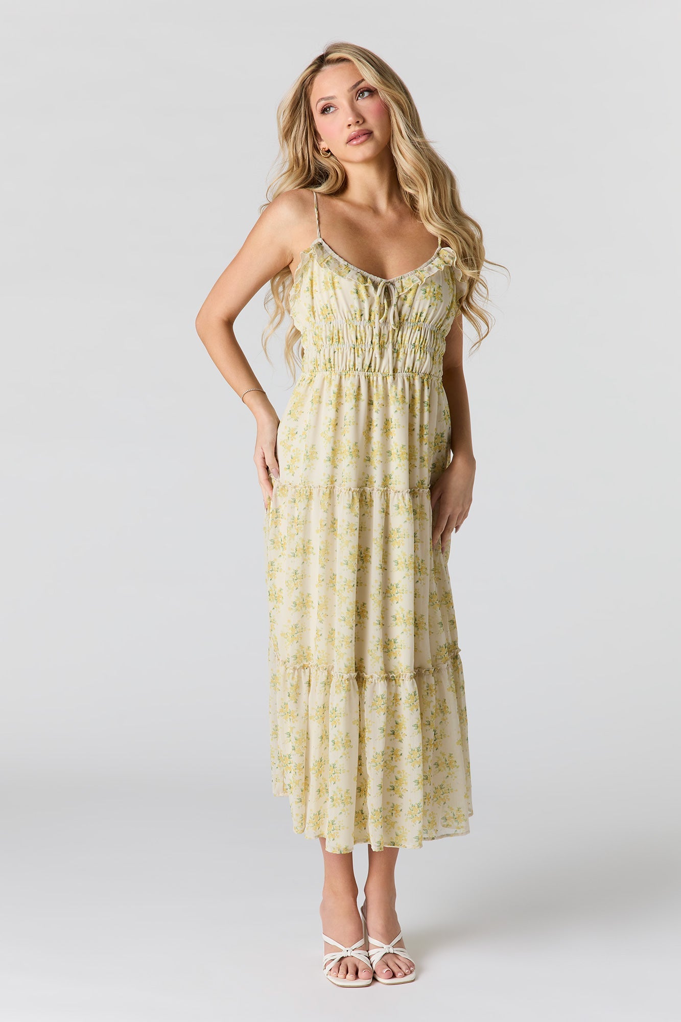 Floral Chiffon Tiered Midi Dress