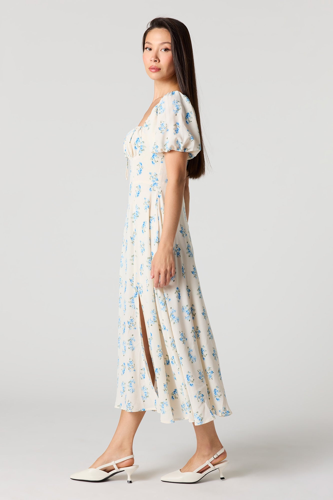 Floral Print Puff Sleeves Midi Dress