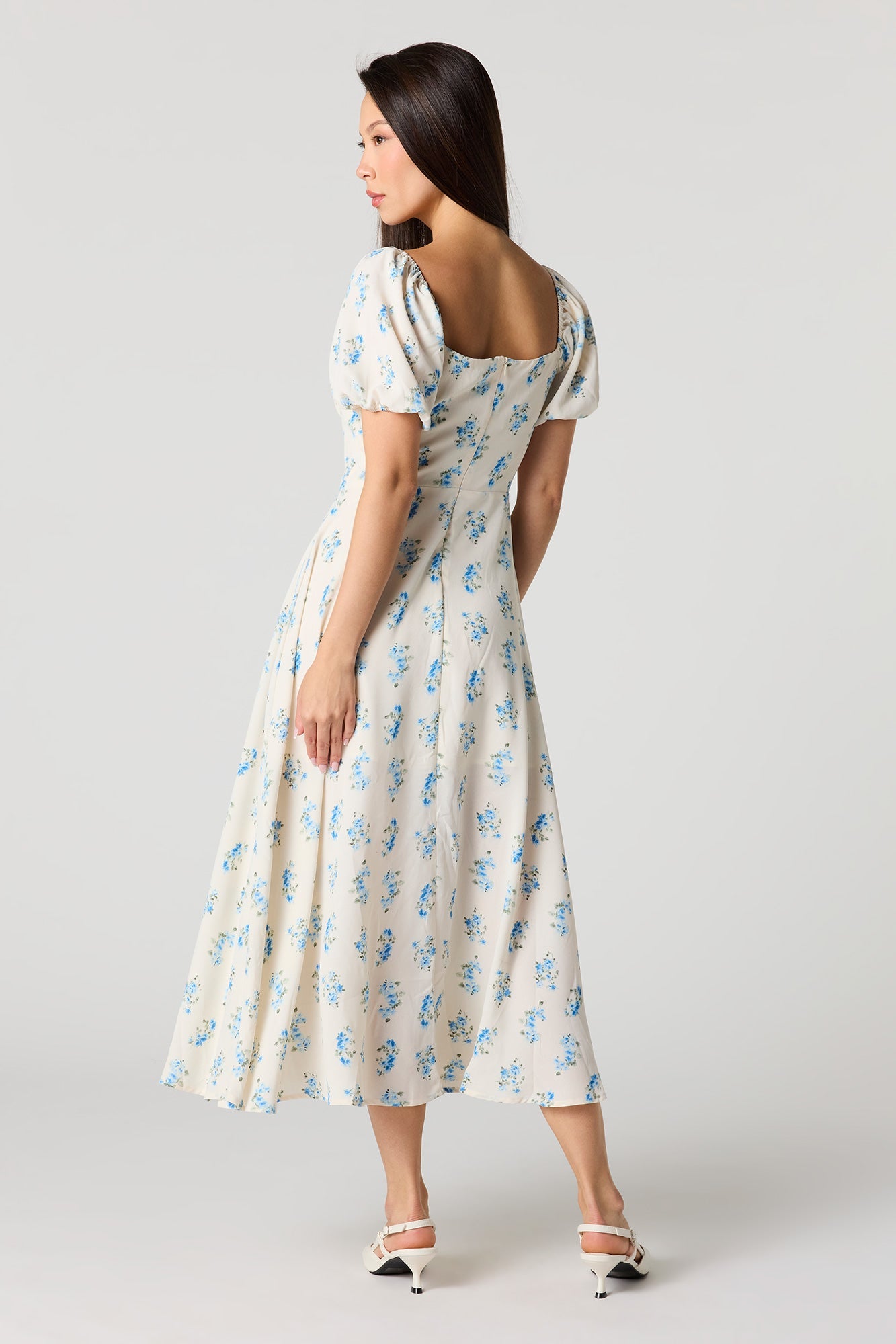 Floral Print Puff Sleeves Midi Dress