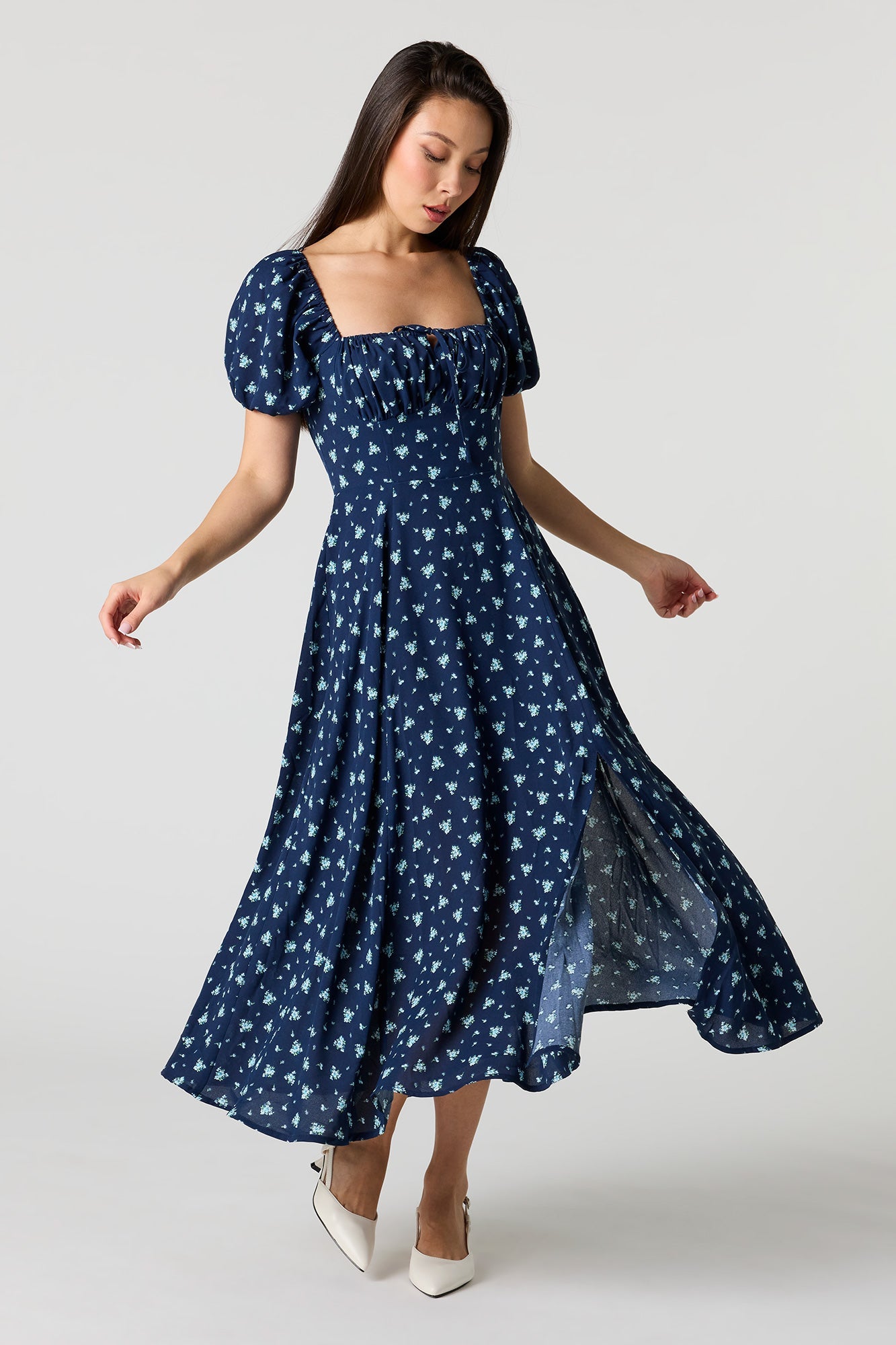 Floral Print Puff Sleeves Midi Dress