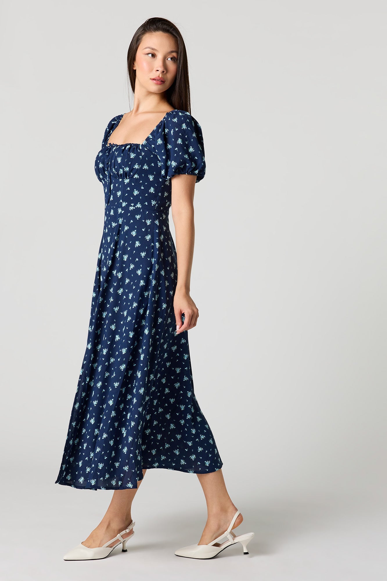 Floral Print Puff Sleeves Midi Dress