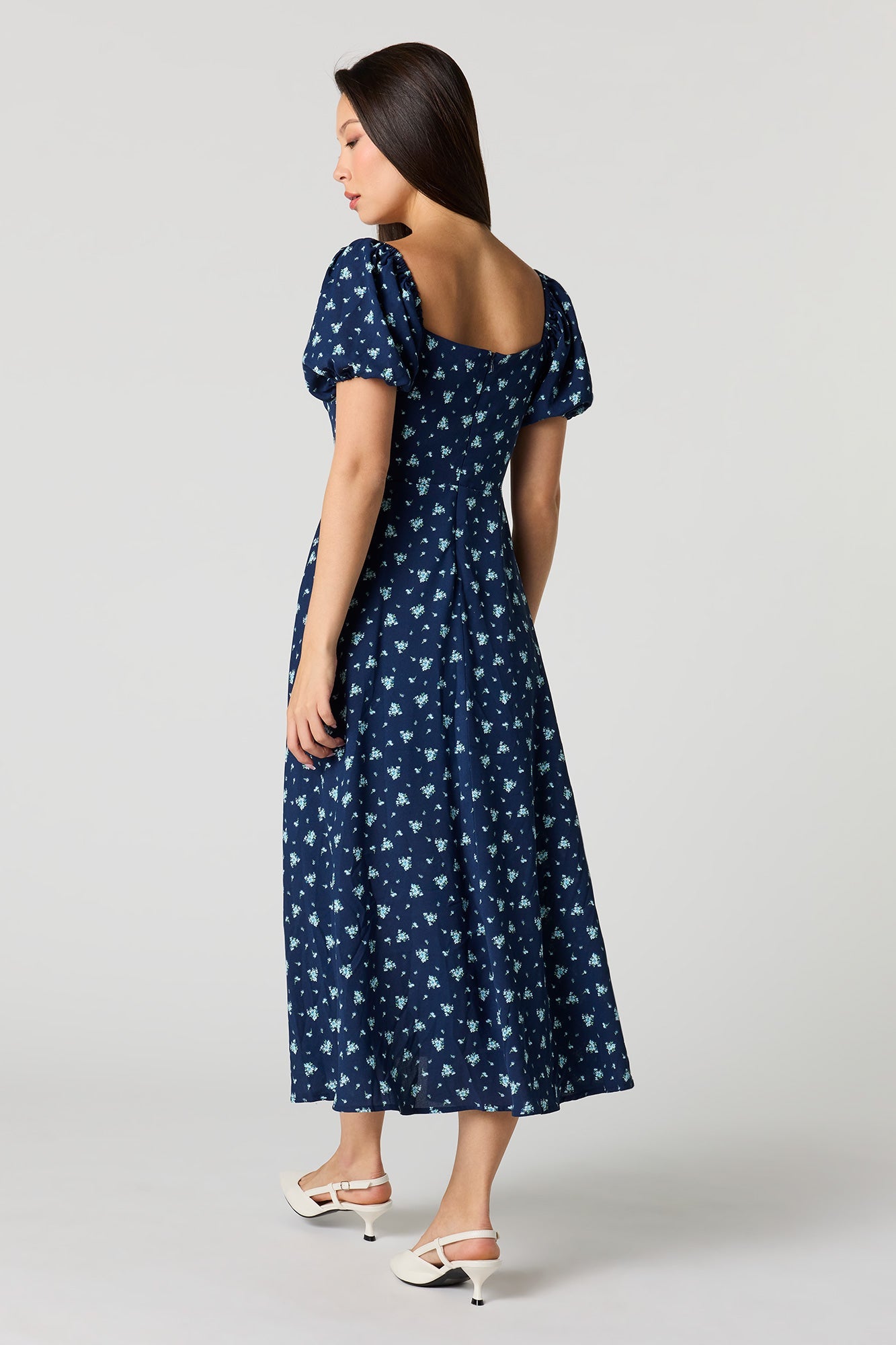Floral Print Puff Sleeves Midi Dress