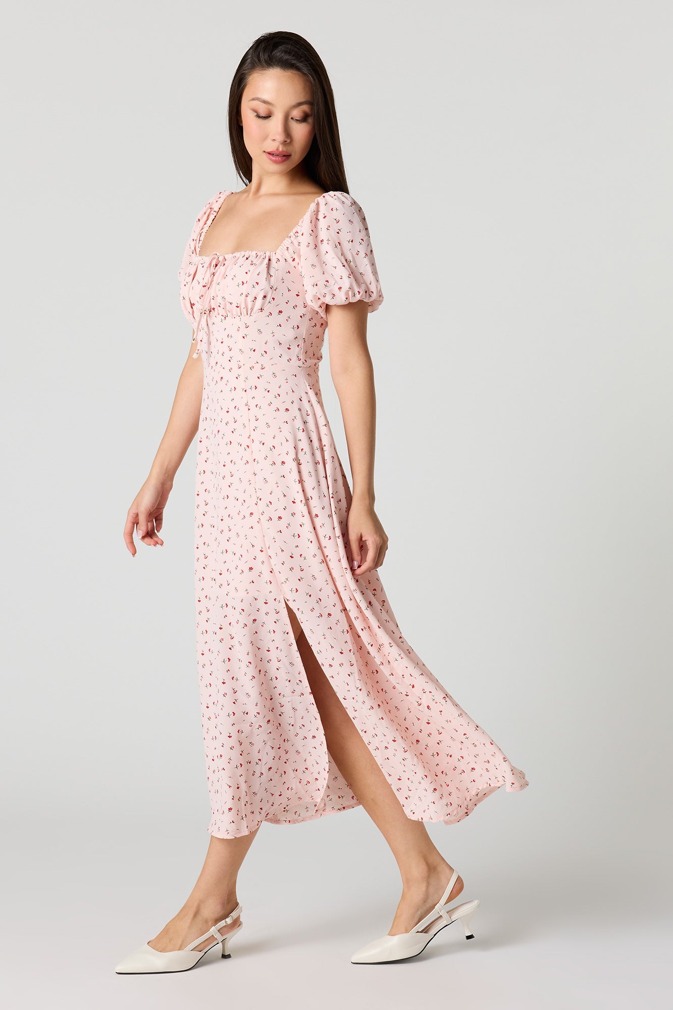 Floral Print Puff Sleeves Midi Dress