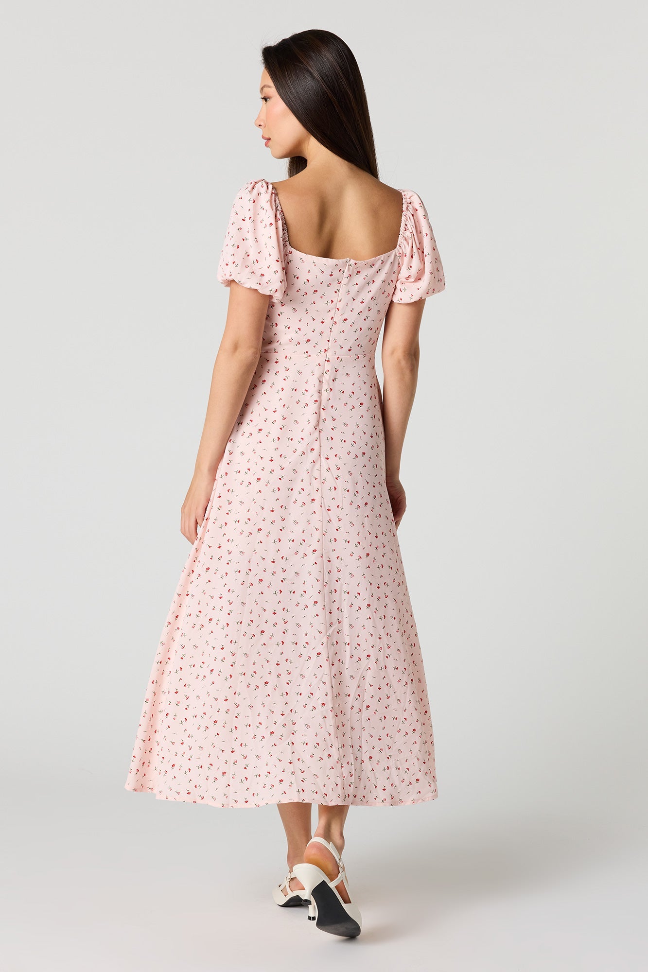 Floral Print Puff Sleeves Midi Dress
