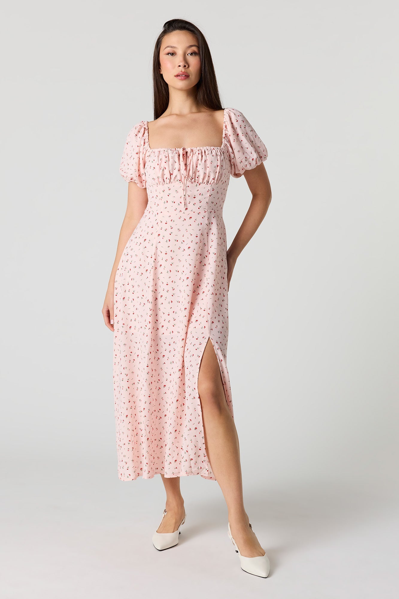 Floral Print Puff Sleeves Midi Dress