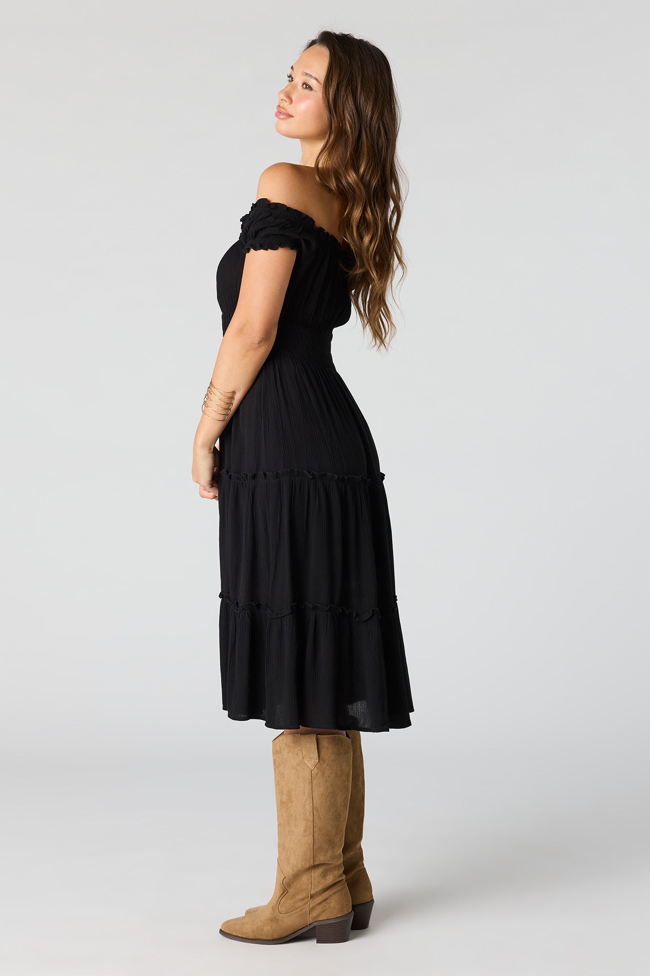 Printed Off Shoulder Tiered Midi Dress