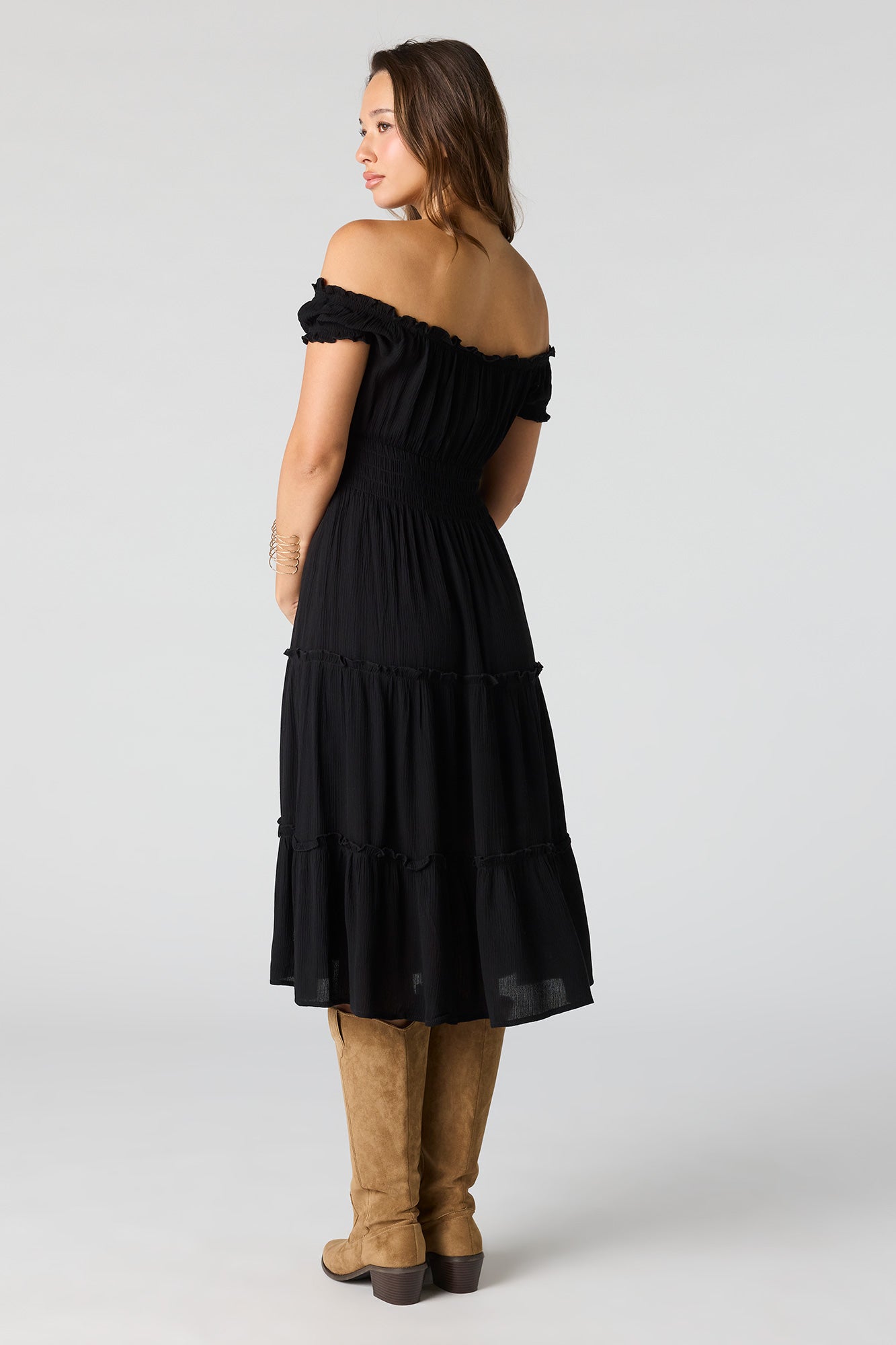 Printed Off Shoulder Tiered Midi Dress