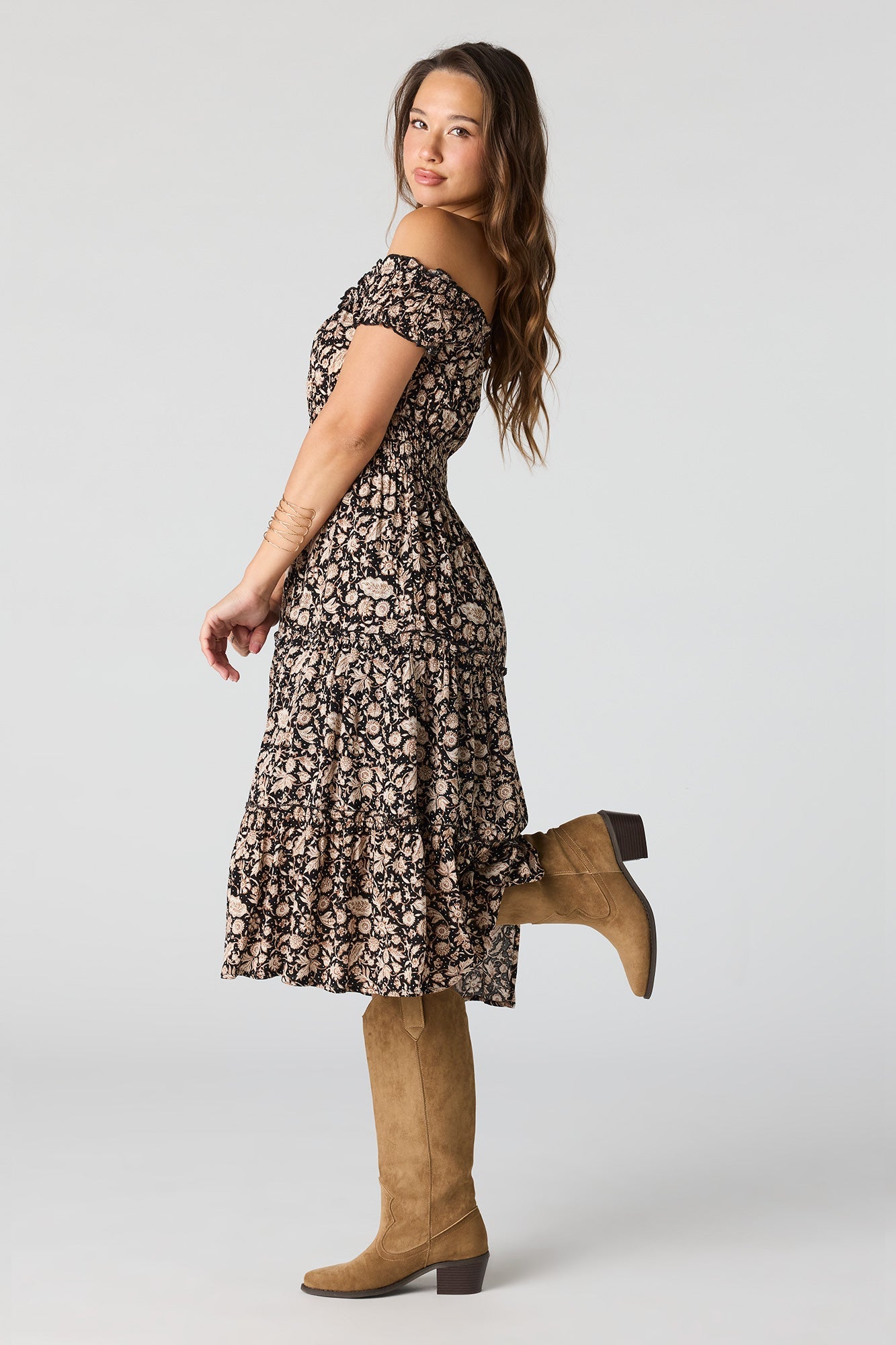 Printed Off Shoulder Tiered Midi Dress