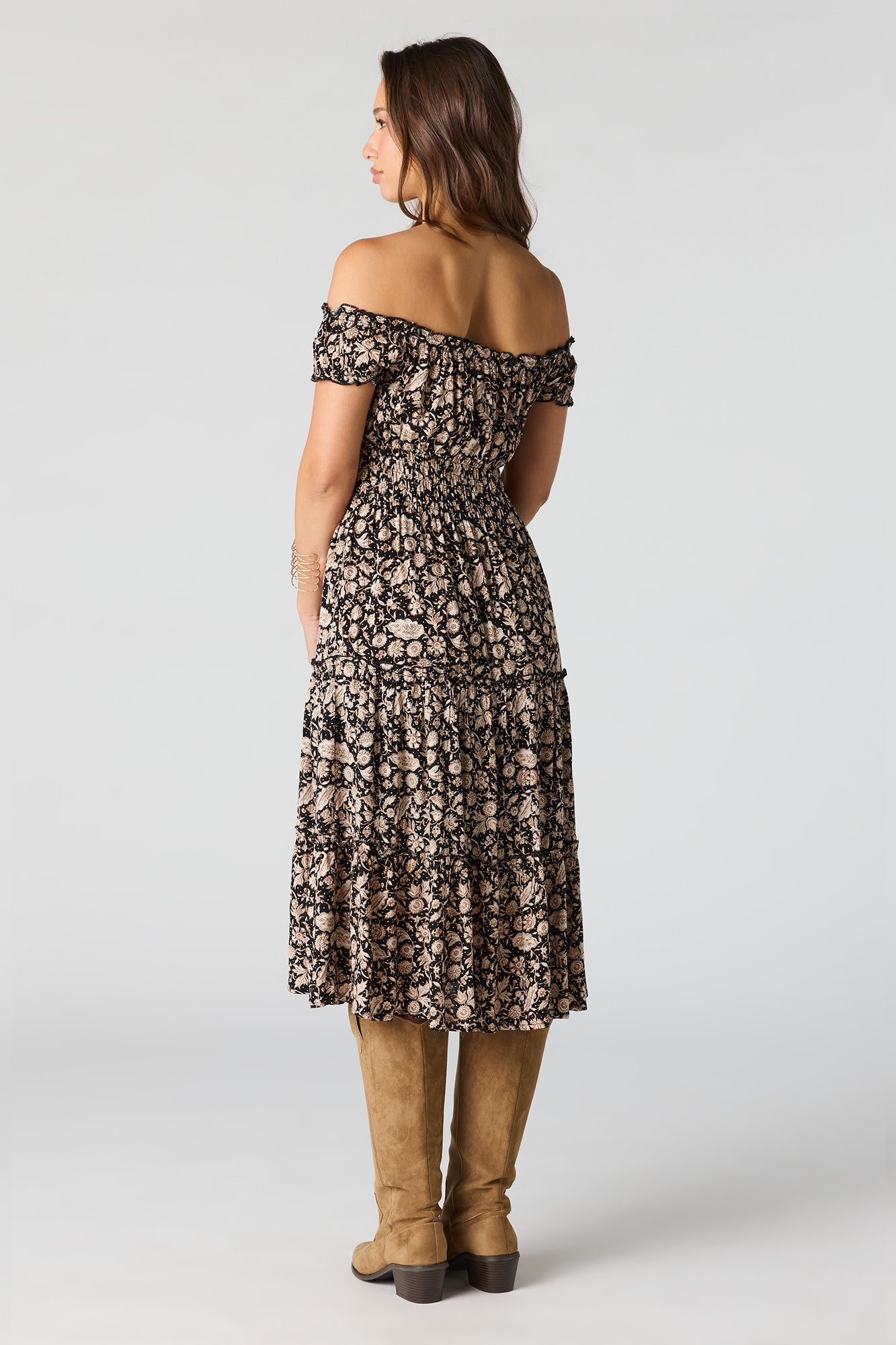 Printed Off Shoulder Tiered Midi Dress