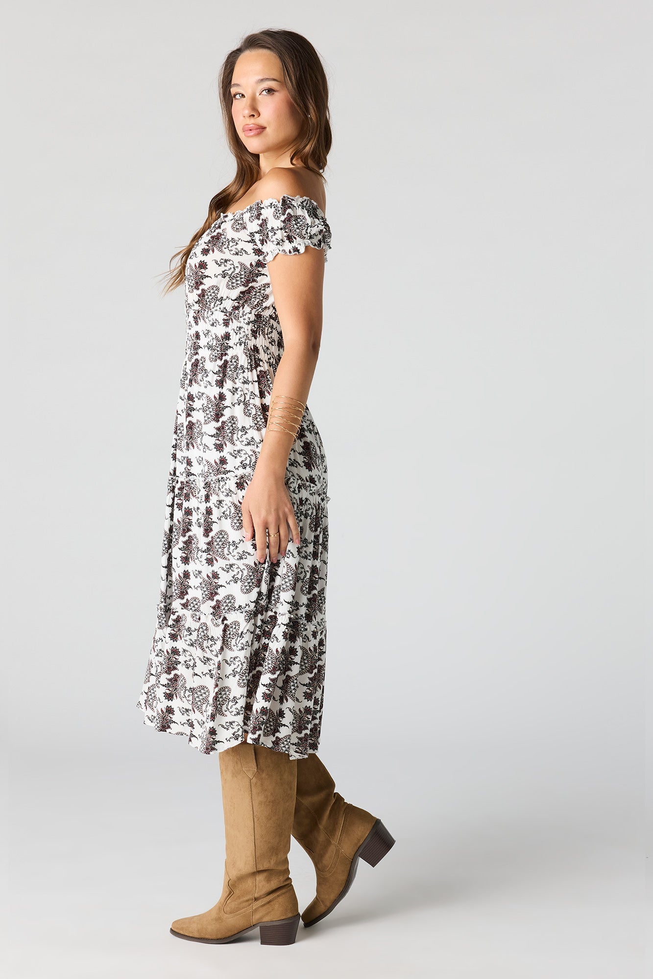 Printed Off Shoulder Tiered Midi Dress