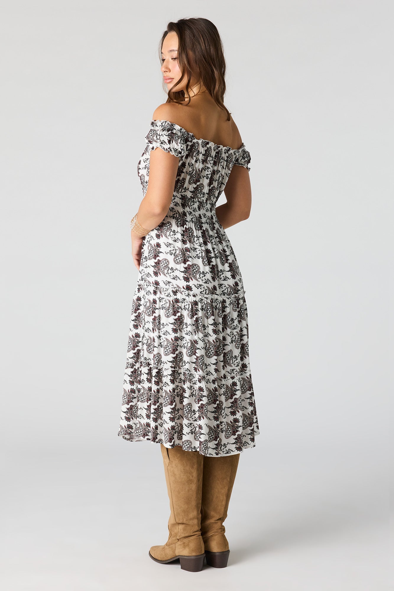Printed Off Shoulder Tiered Midi Dress