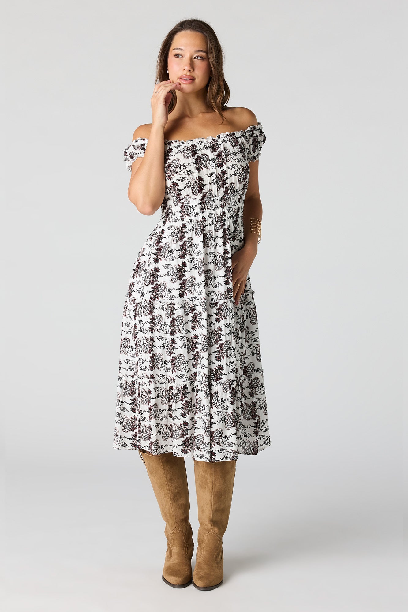 Printed Off Shoulder Tiered Midi Dress