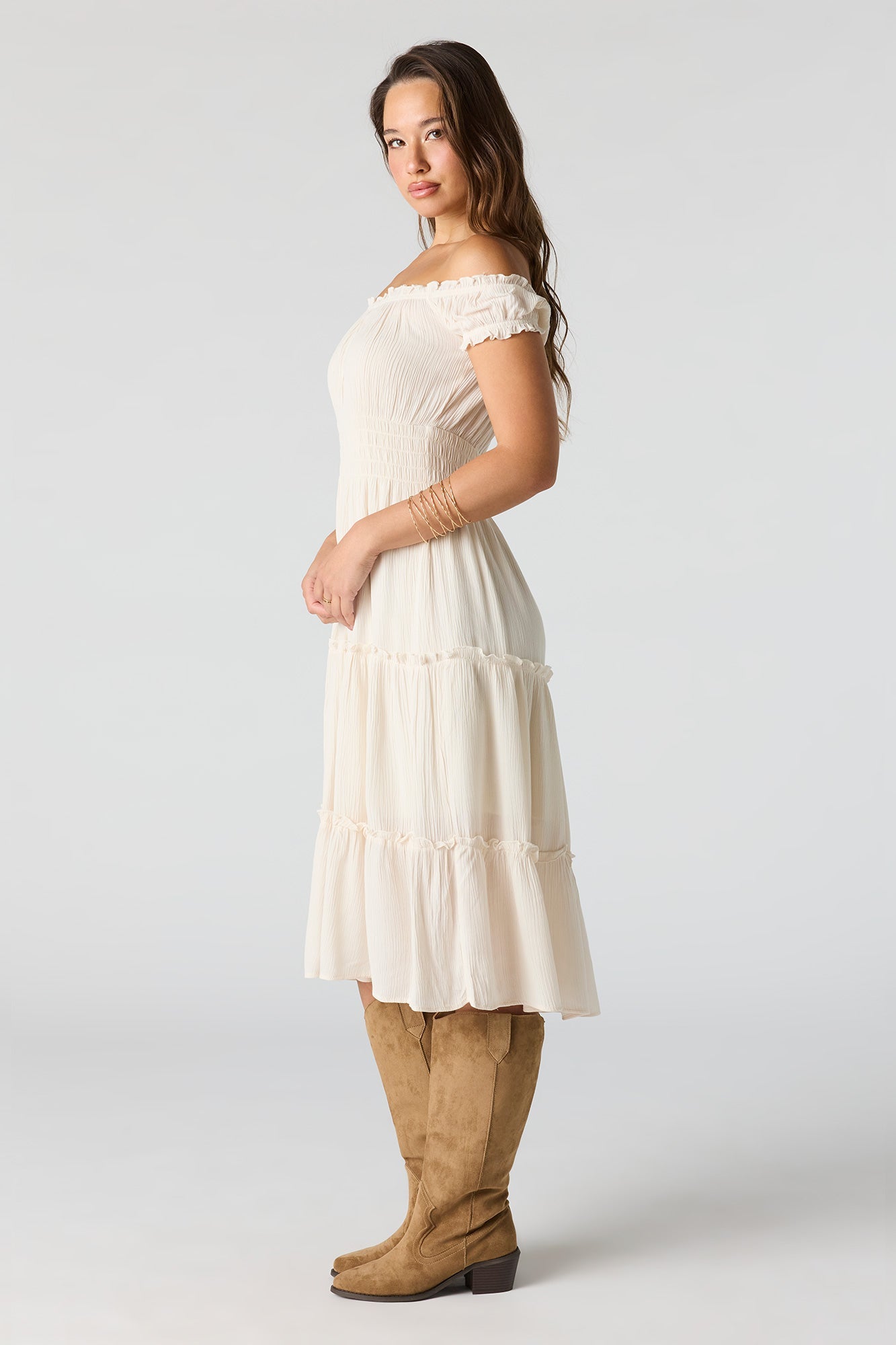 Printed Off Shoulder Tiered Midi Dress