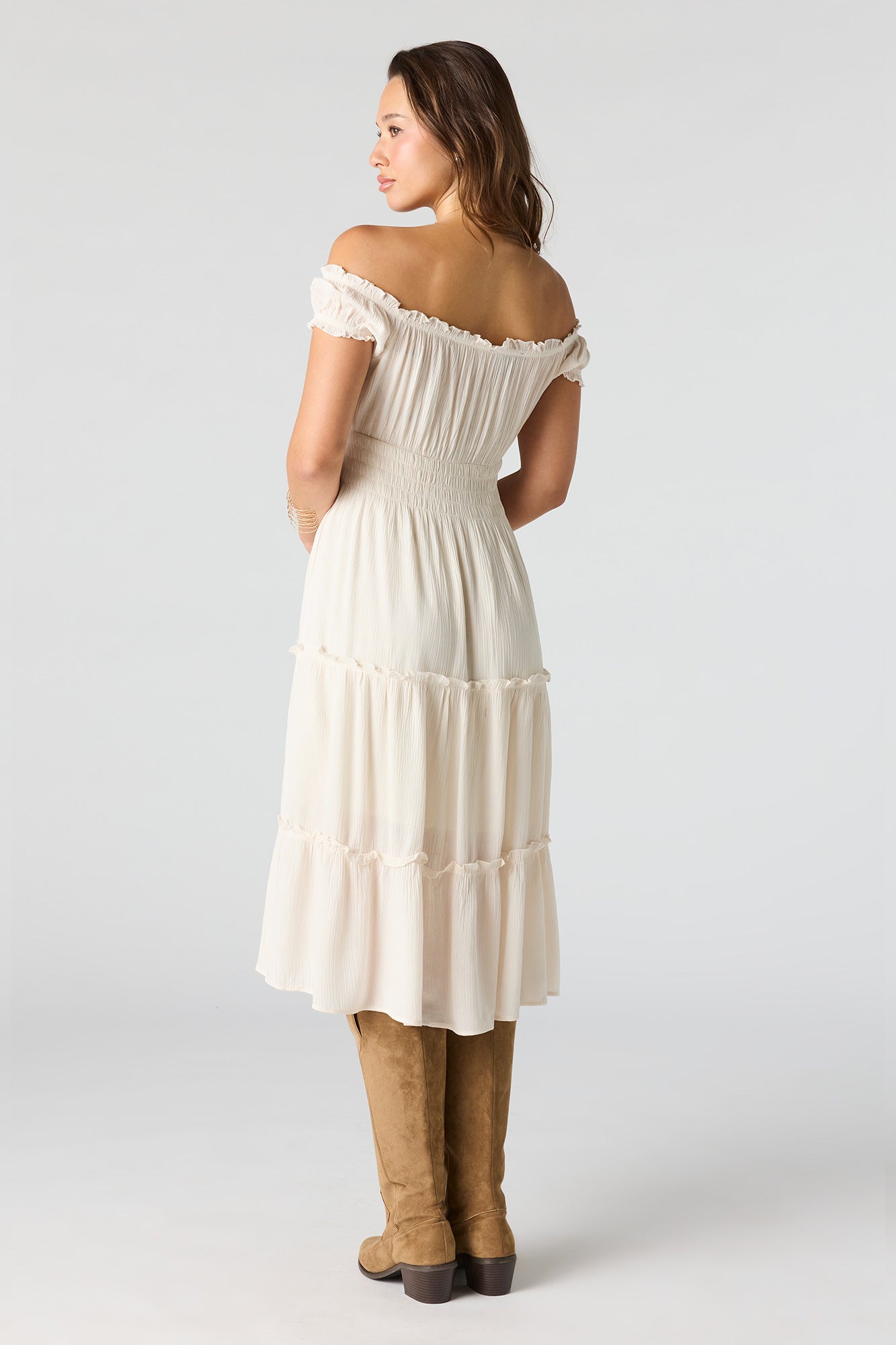 Printed Off Shoulder Tiered Midi Dress