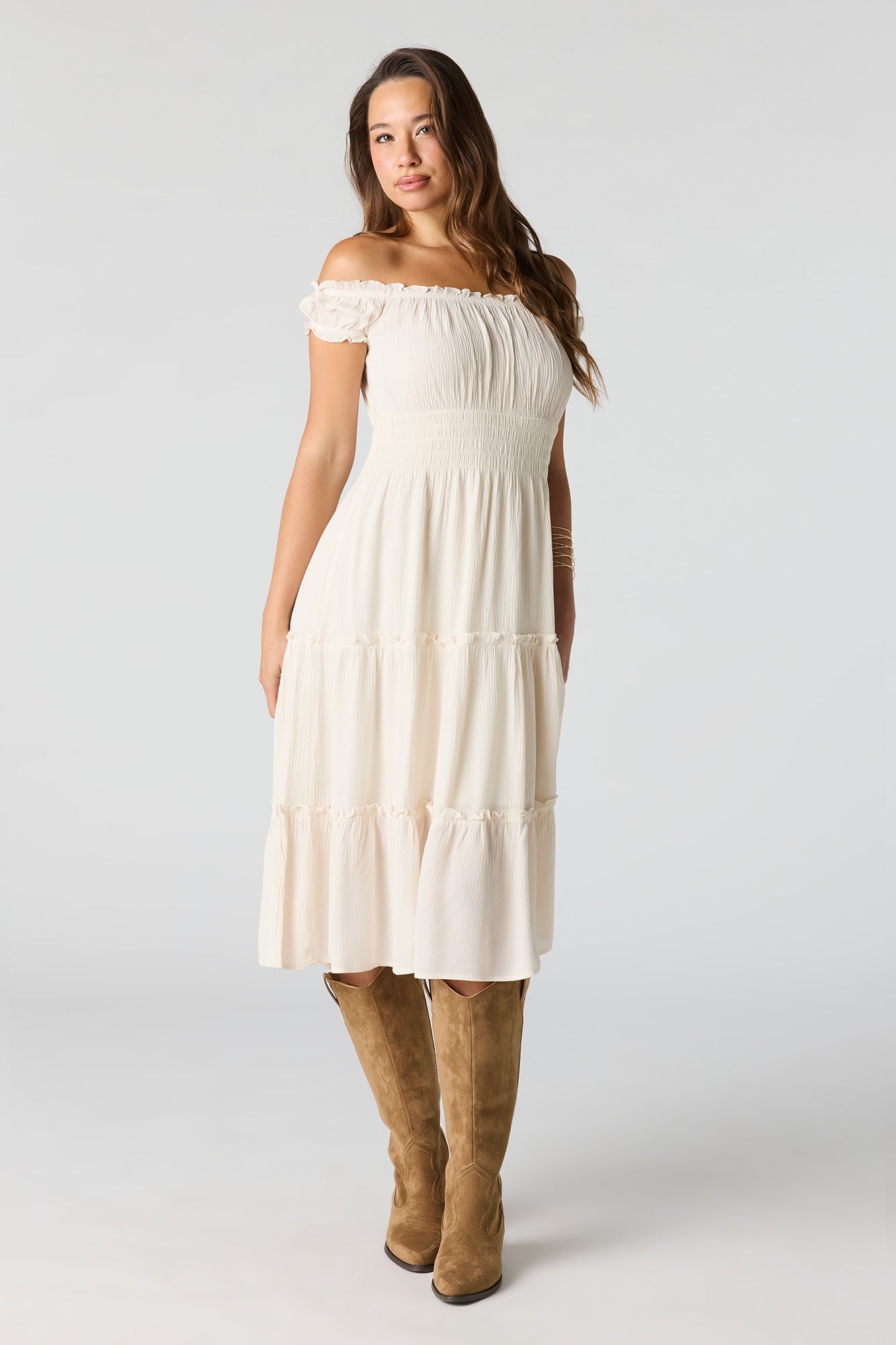 Printed Off Shoulder Tiered Midi Dress