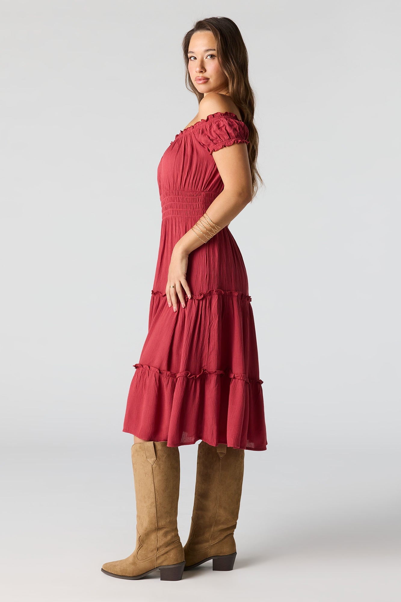 Printed Off Shoulder Tiered Midi Dress