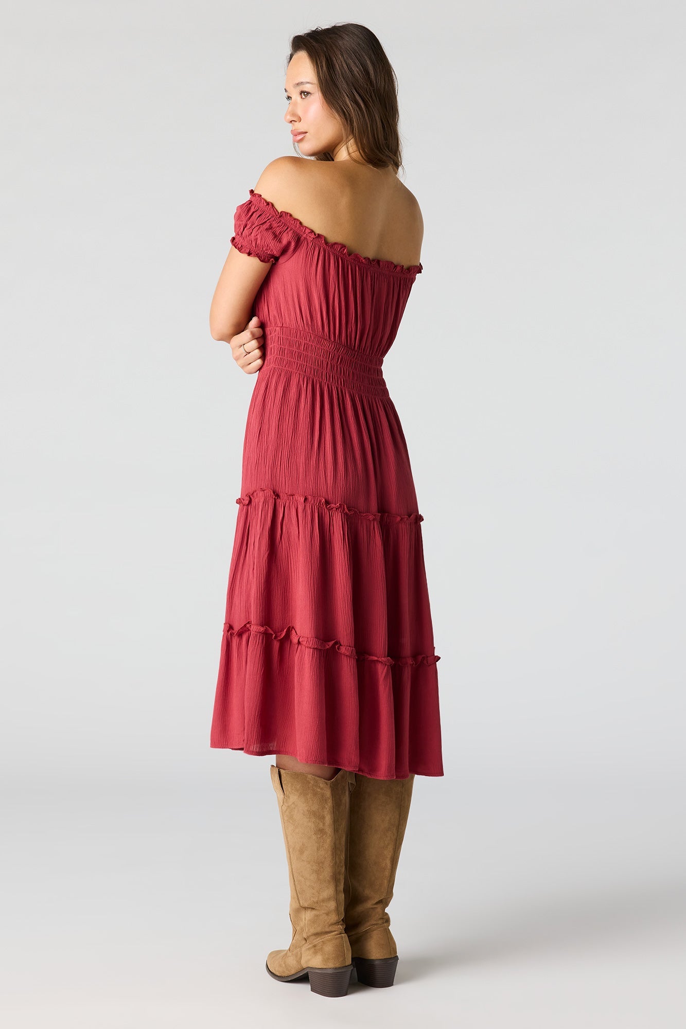 Printed Off Shoulder Tiered Midi Dress