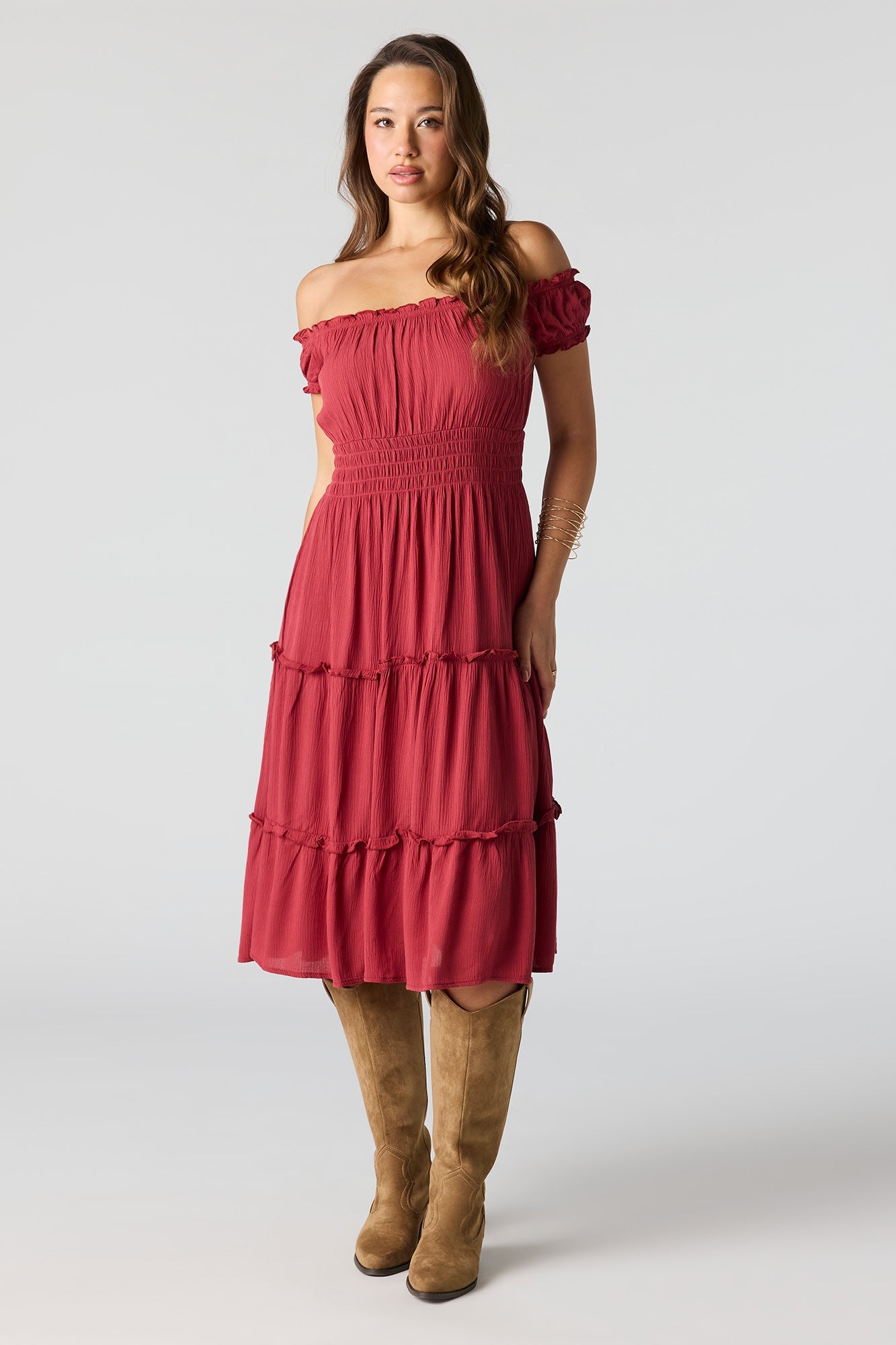 Printed Off Shoulder Tiered Midi Dress