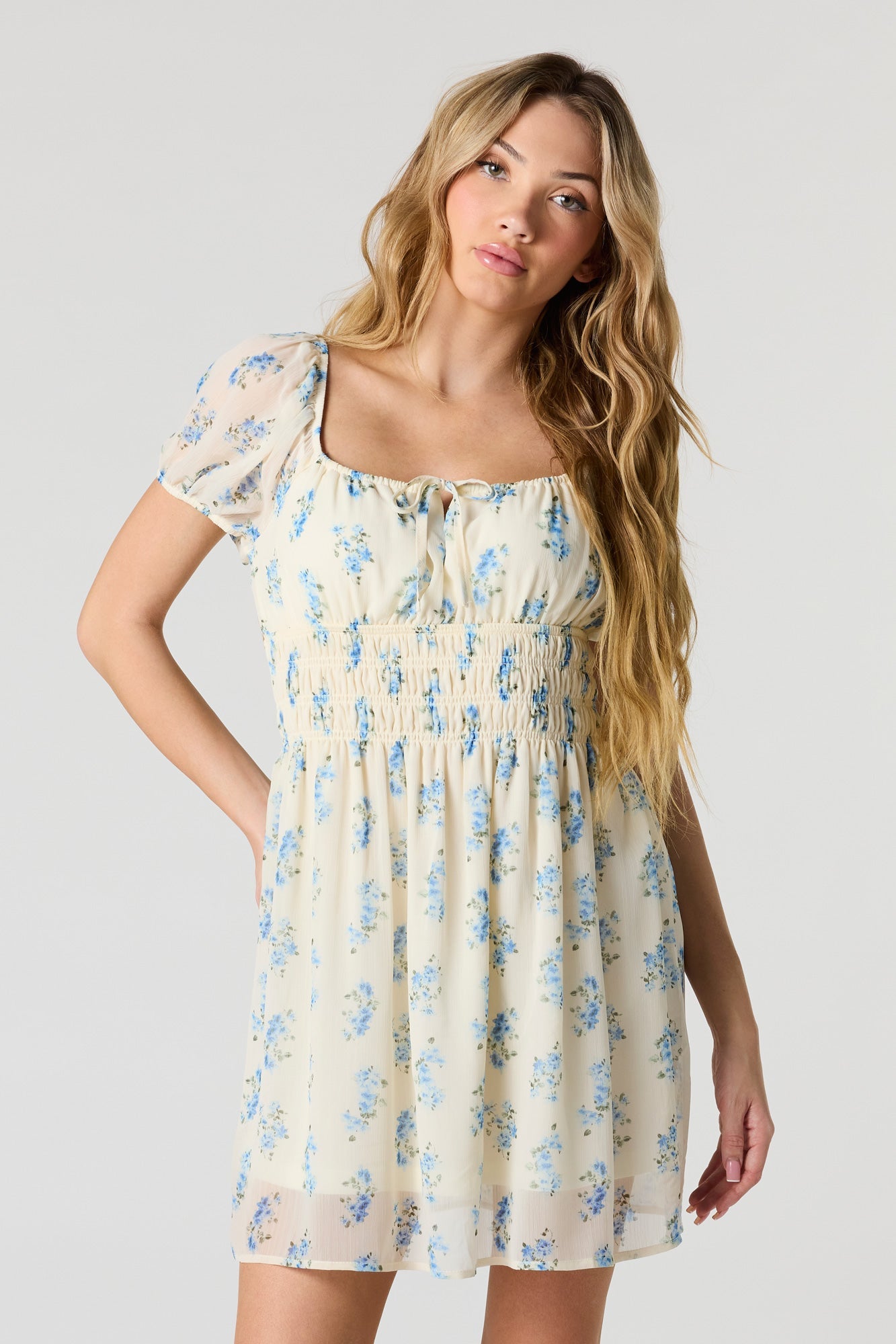 Floral Chiffon Puff Sleeve Mini Dress