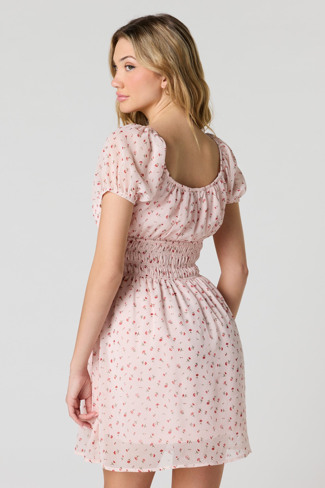 Floral Chiffon Puff Sleeve Mini Dress