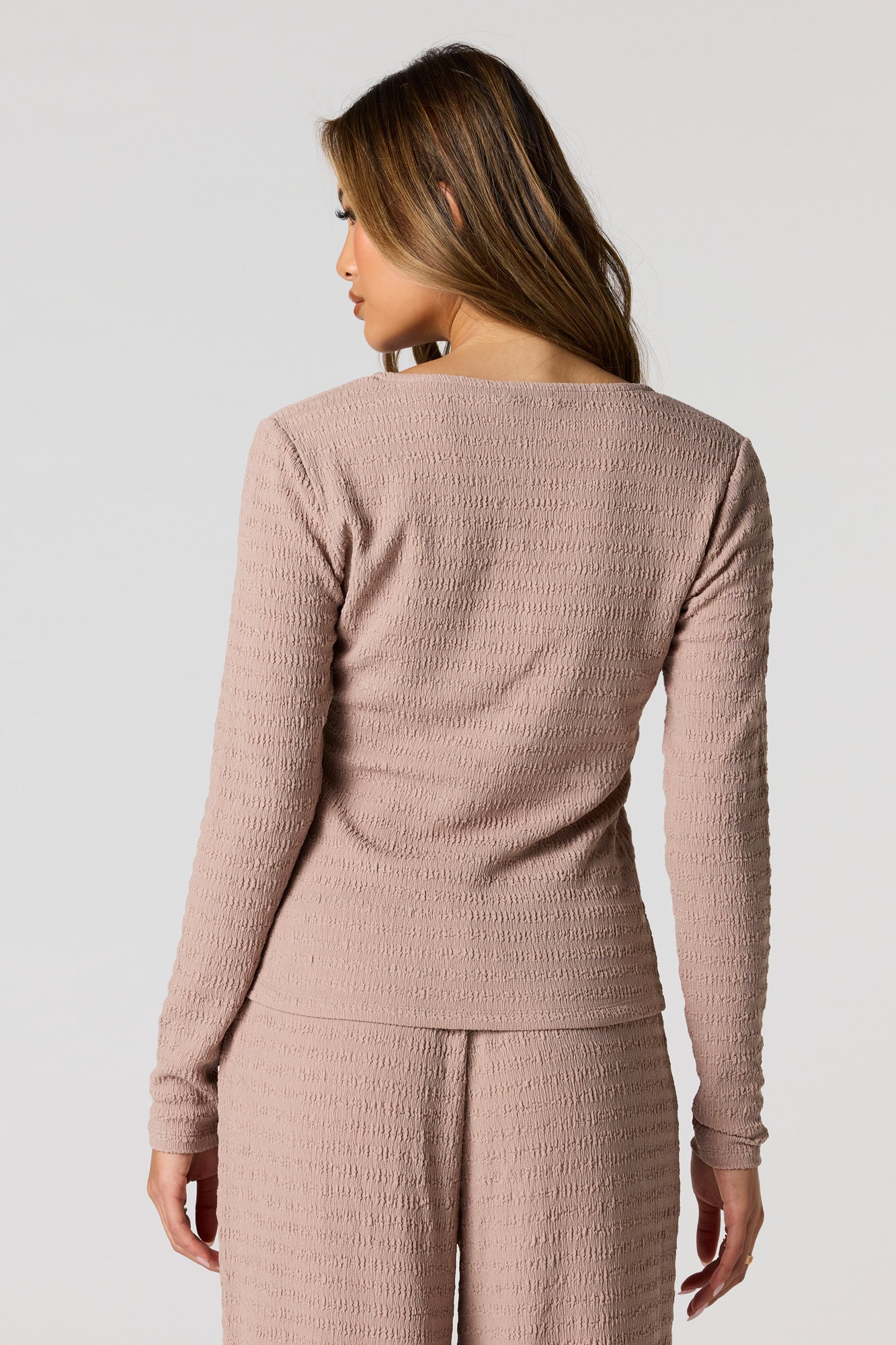 Textured Metal Button-Front Long Sleeve Top