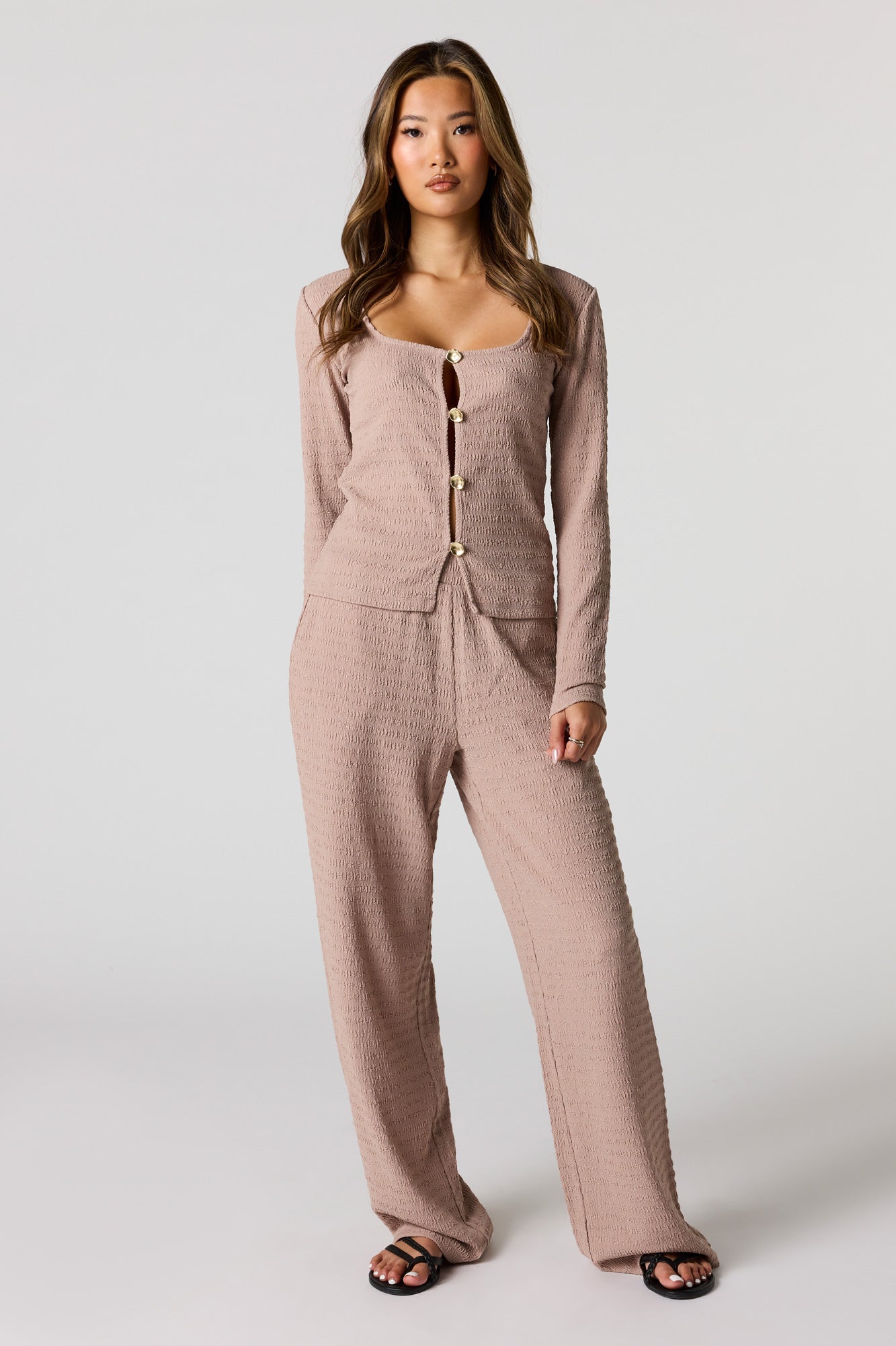 Textured Metal Button-Front Long Sleeve Top