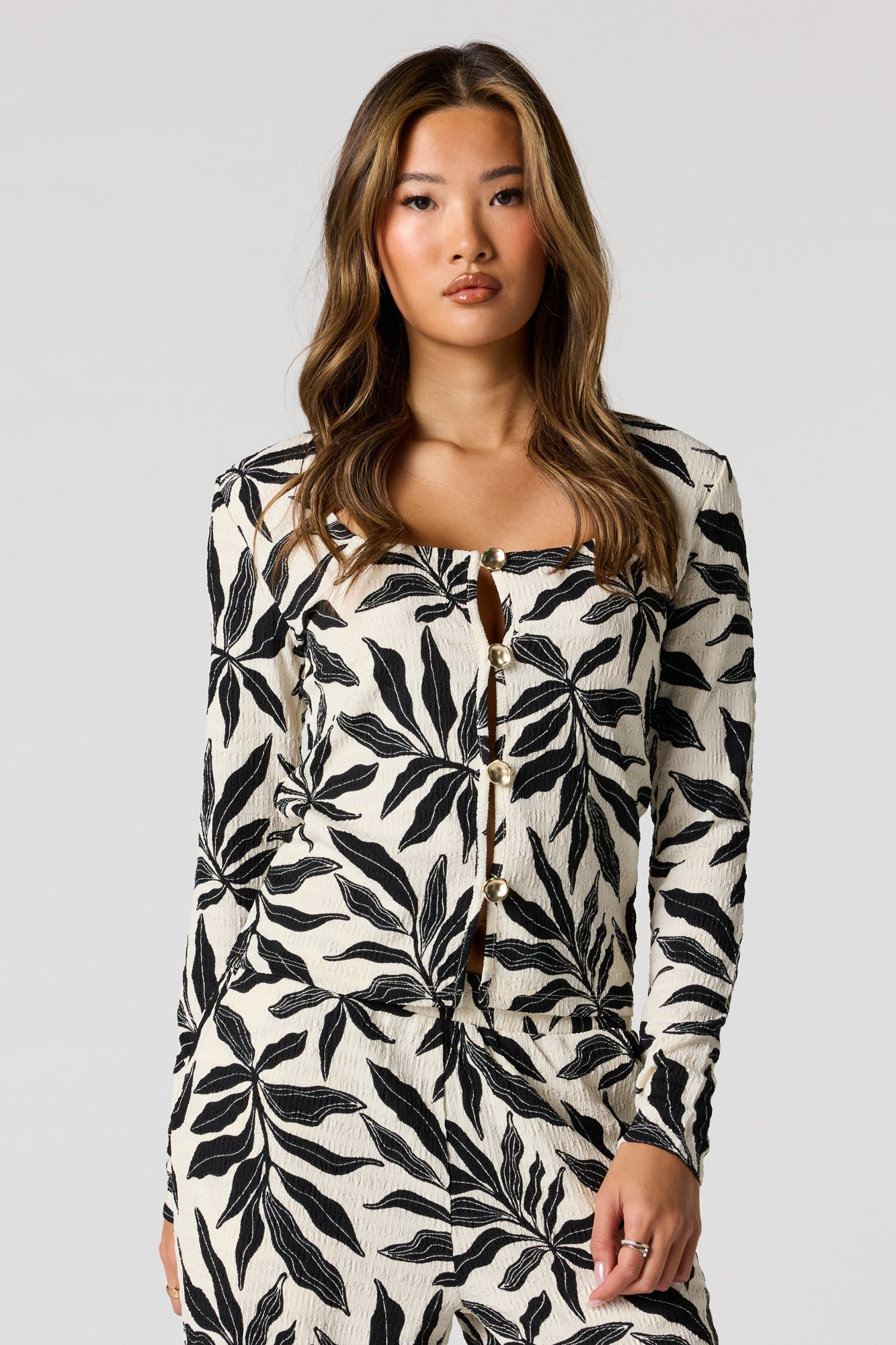 Textured Metal Button-Front Long Sleeve Top