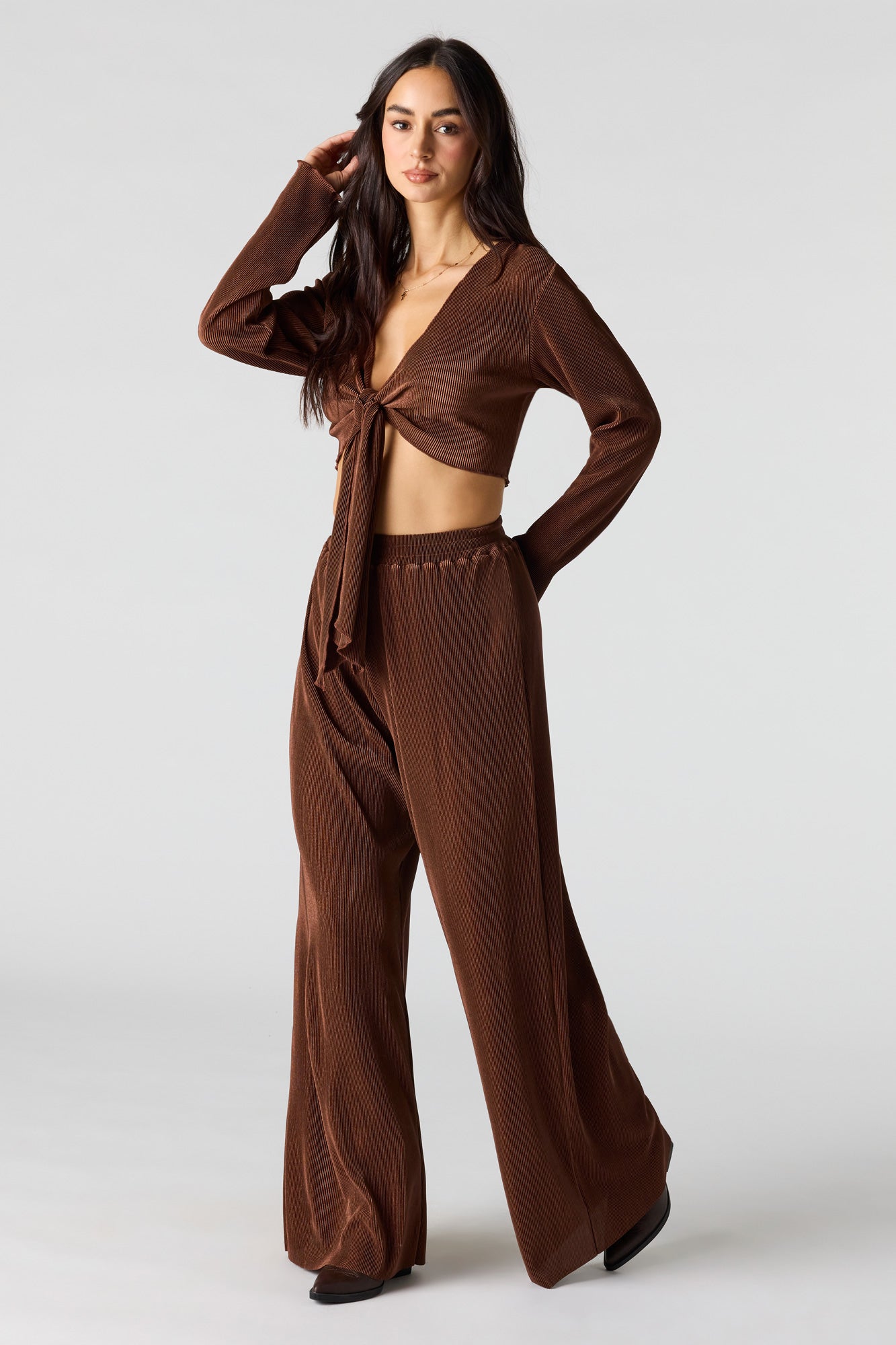 Ribbed Self-Tie Long Sleeve Top