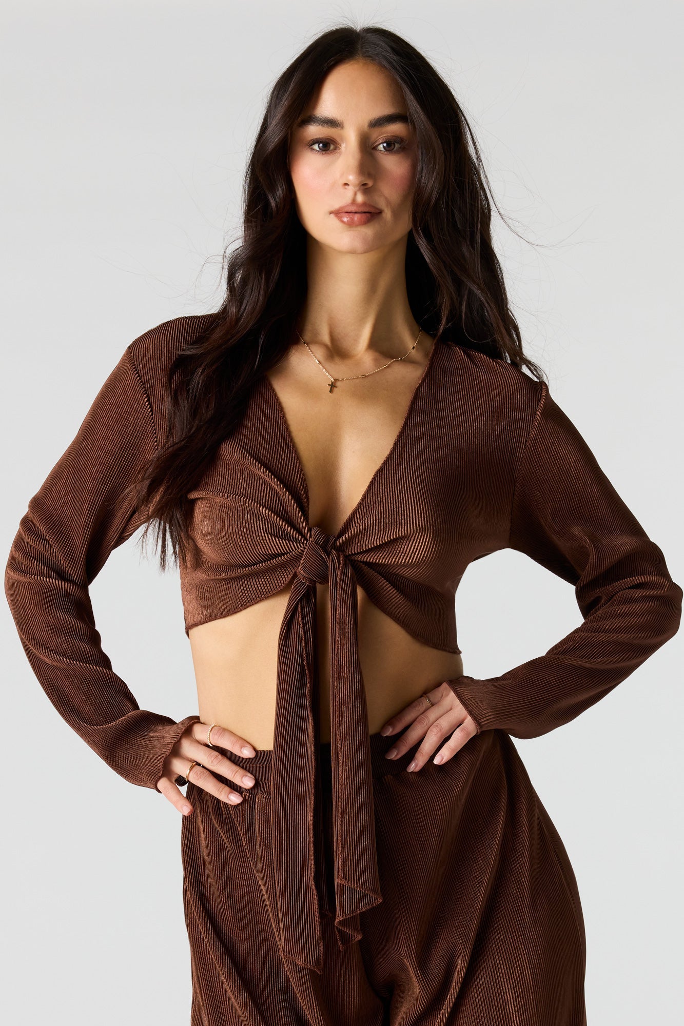 Ribbed Self-Tie Long Sleeve Top