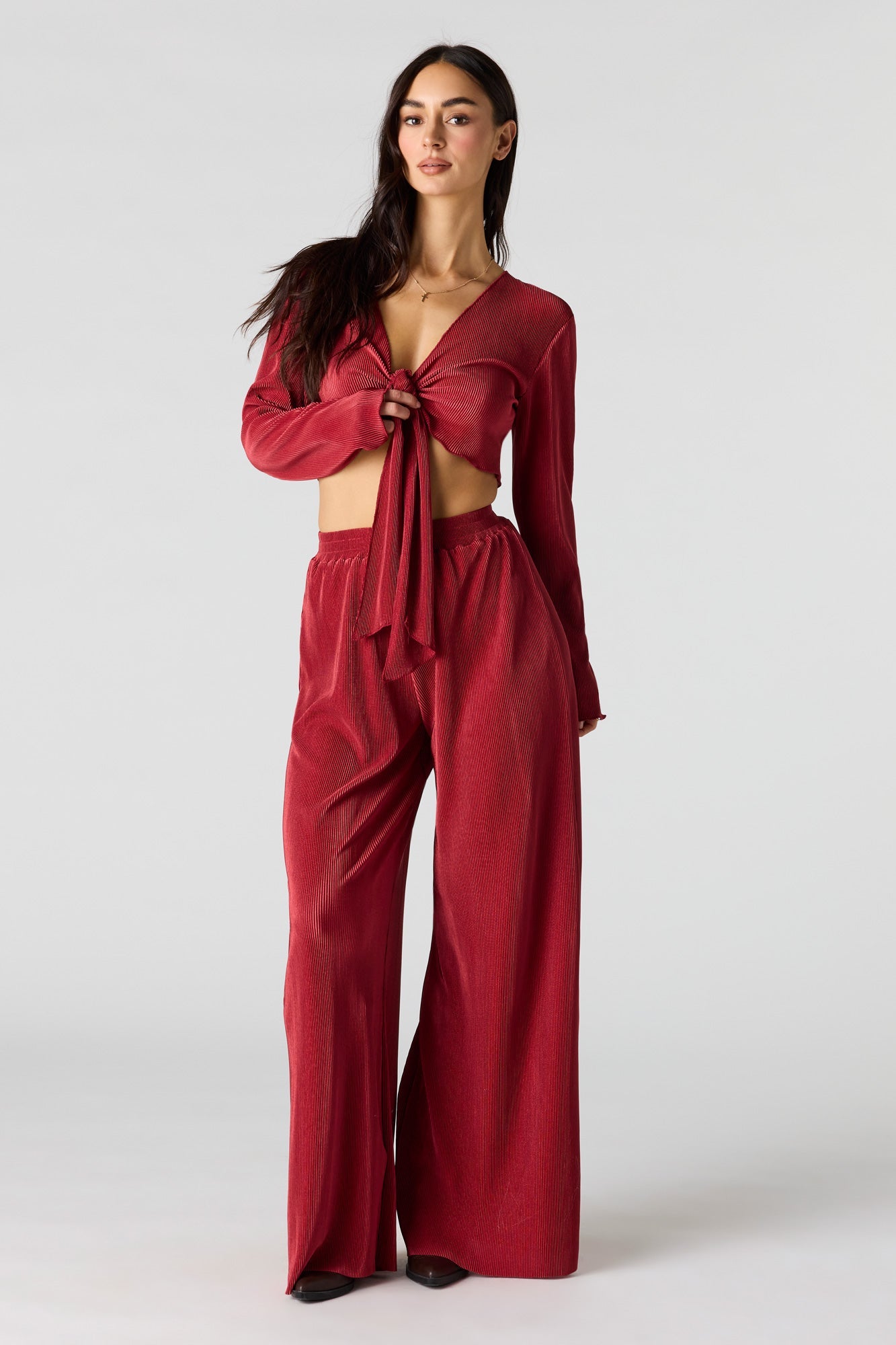 Ribbed Self-Tie Long Sleeve Top