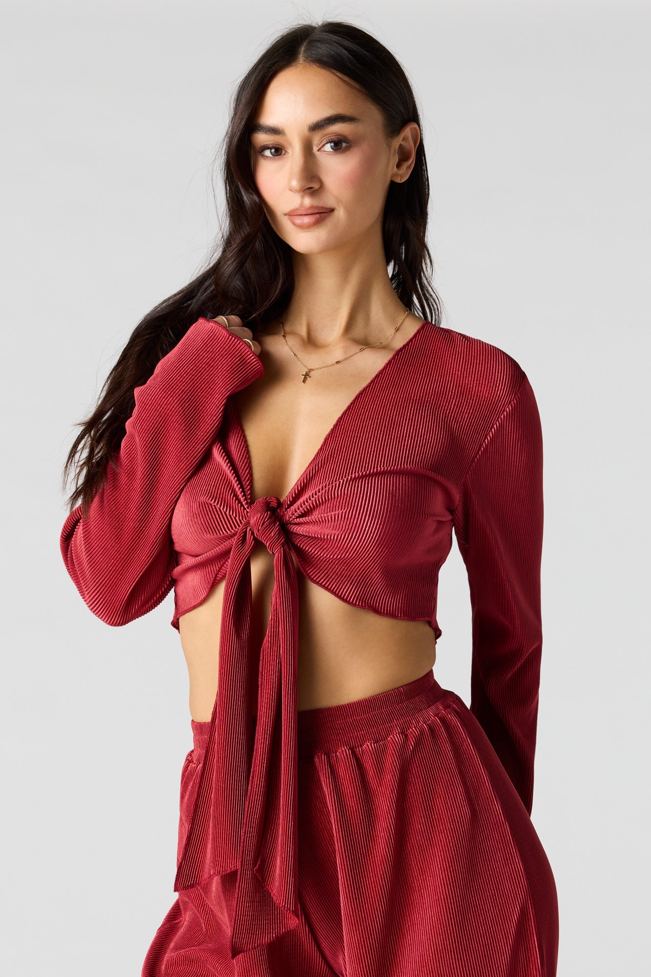 Ribbed Self-Tie Long Sleeve Top