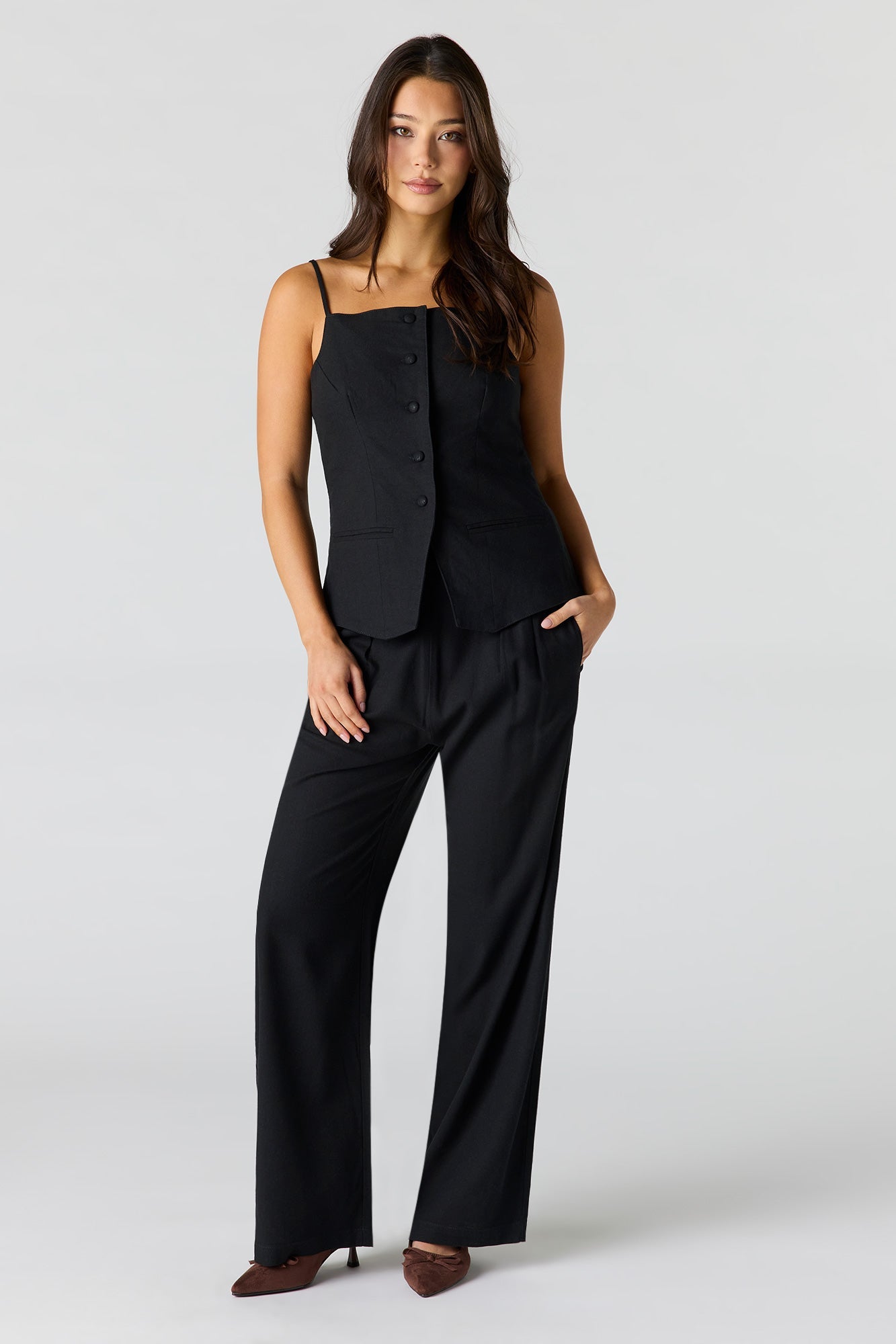 Linen-Blend Button-Up Square Neck Vest