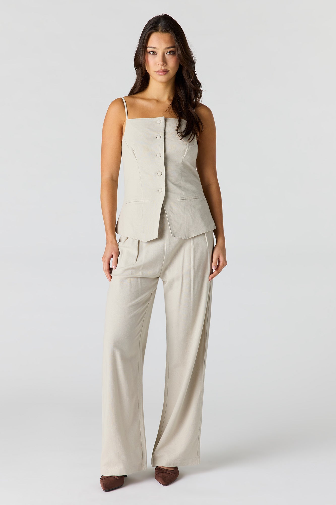 Linen-Blend Button-Up Square Neck Vest